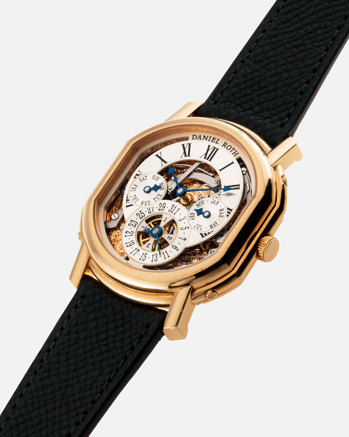 Brand: Daniel Roth Year: 1990’s Model: 119X40 Perpetual Calendar Skeleton Movement: Heavily Modified Lemania 8810 Material: 18k Yellow Gold Case Diameter: 38mmX41mm Bracelet/Strap: Molequin Anthracite Grained Calf with 18k Yellow Gold Tang Buckle