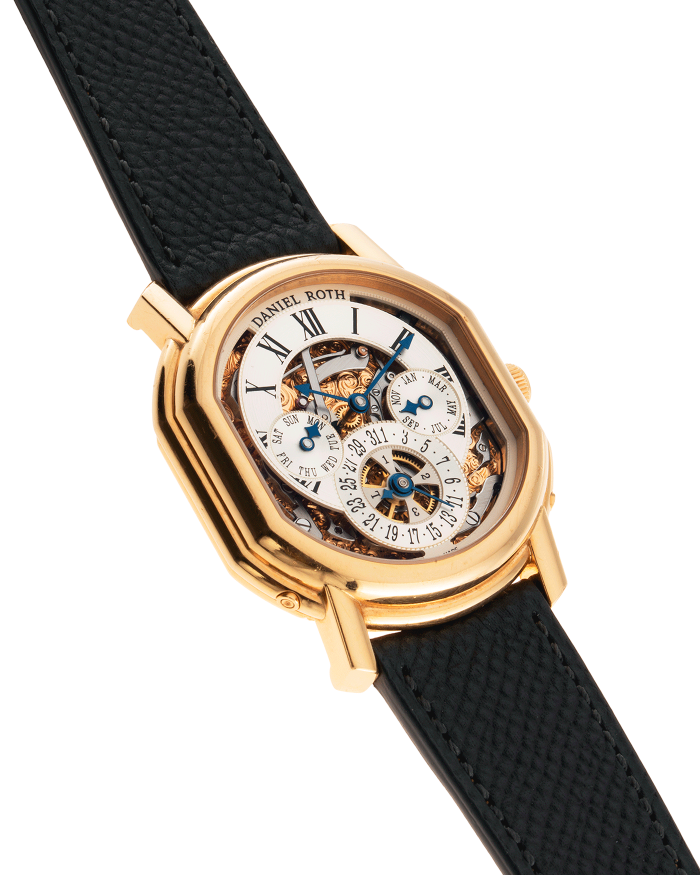 Brand: Daniel Roth Year: 1990’s Model: 119X40 Perpetual Calendar Skeleton Movement: Heavily Modified Lemania 8810 Material: 18k Yellow Gold Case Diameter: 38mmX41mm Bracelet/Strap: Molequin Anthracite Grained Calf with 18k Yellow Gold Tang Buckle