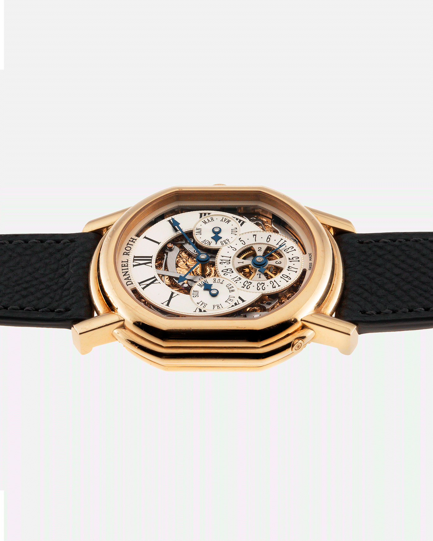 Brand: Daniel Roth Year: 1990’s Model: 119X40 Perpetual Calendar Skeleton Movement: Heavily Modified Lemania 8810 Material: 18k Yellow Gold Case Diameter: 38mmX41mm Bracelet/Strap: Molequin Anthracite Grained Calf with 18k Yellow Gold Tang Buckle
