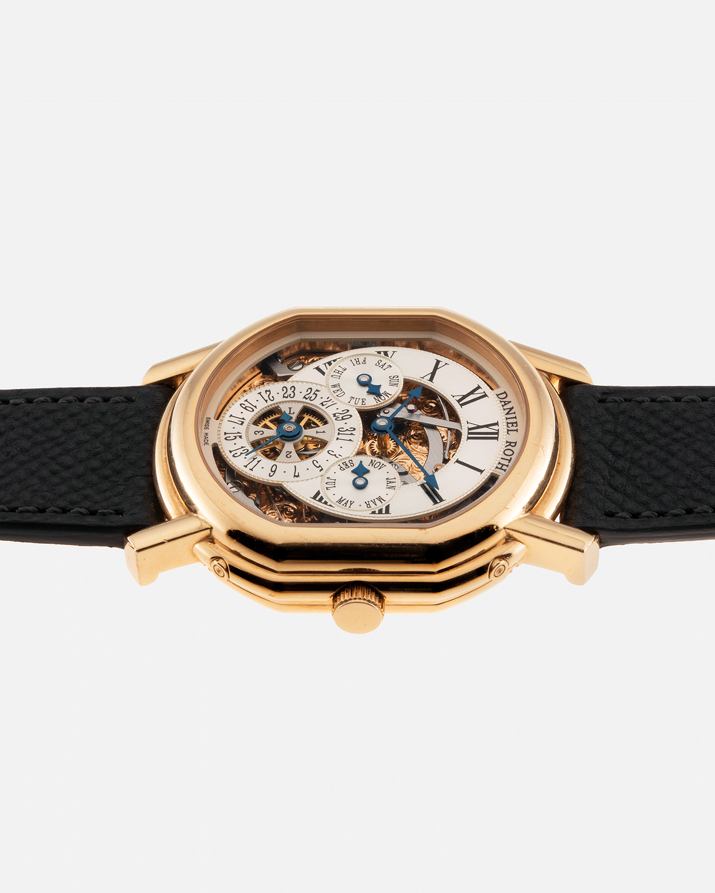 Brand: Daniel Roth Year: 1990’s Model: 119X40 Perpetual Calendar Skeleton Movement: Heavily Modified Lemania 8810 Material: 18k Yellow Gold Case Diameter: 38mmX41mm Bracelet/Strap: Molequin Anthracite Grained Calf with 18k Yellow Gold Tang Buckle