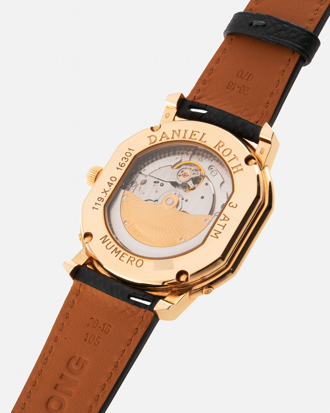 vBrand: Daniel Roth Year: 1990’s Model: 119X40 Perpetual Calendar Skeleton Movement: Heavily Modified Lemania 8810 Material: 18k Yellow Gold Case Diameter: 38mmX41mm Bracelet/Strap: Molequin Anthracite Grained Calf with 18k Yellow Gold Tang Buckle