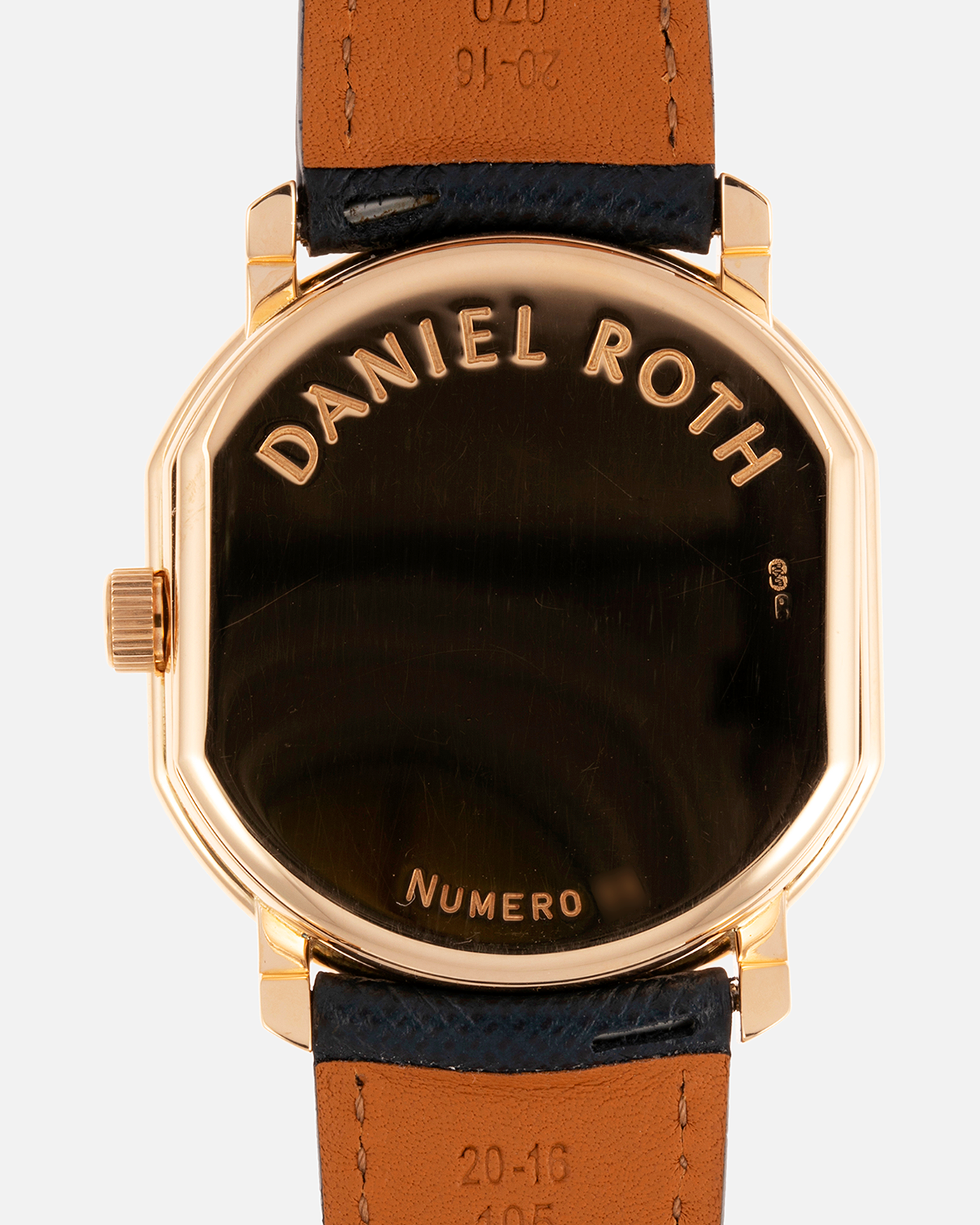 Brand: Daniel Roth Year: 1990’s Model: C127 Material: 18k Yellow Gold Movement: Lemania 27LN with Retrograde Function Case Diameter: 35mm X 38mm Strap: Molequin Navy Blue Textured Calf Strap and 18k Yellow Gold Daniel Roth Tang Buckle