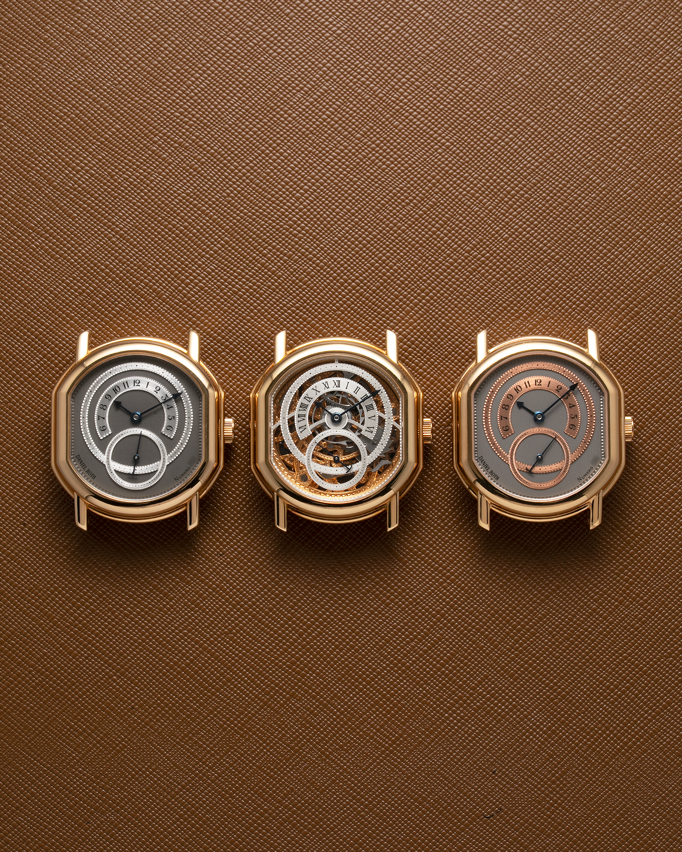 Brand: Daniel Roth Year: 1990’s Model: 2127 Skeleton Material: 18k Yellow Gold Movement: Lemania 27LN with Retrograde Function Case Diameter: 35mm X 38mm Strap: Molequin Navy Blue Textured Calf Strap and 18k Yellow Gold Daniel Roth Tang Buckle