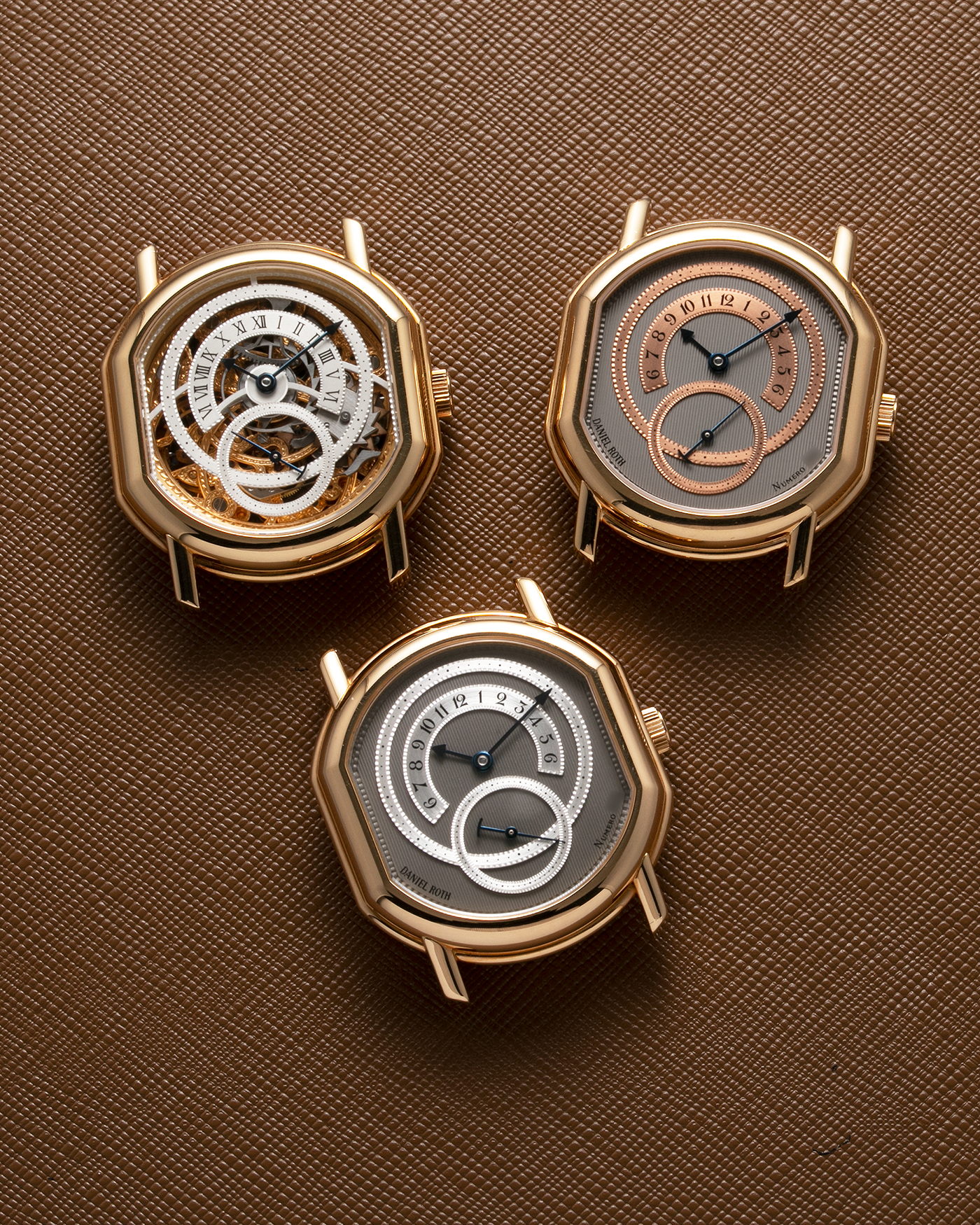 Brand: Daniel Roth Year: 1990’s Model: 2127 Skeleton Material: 18k Yellow Gold Movement: Lemania 27LN with Retrograde Function Case Diameter: 35mm X 38mm Strap: Molequin Navy Blue Textured Calf Strap and 18k Yellow Gold Daniel Roth Tang Buckle