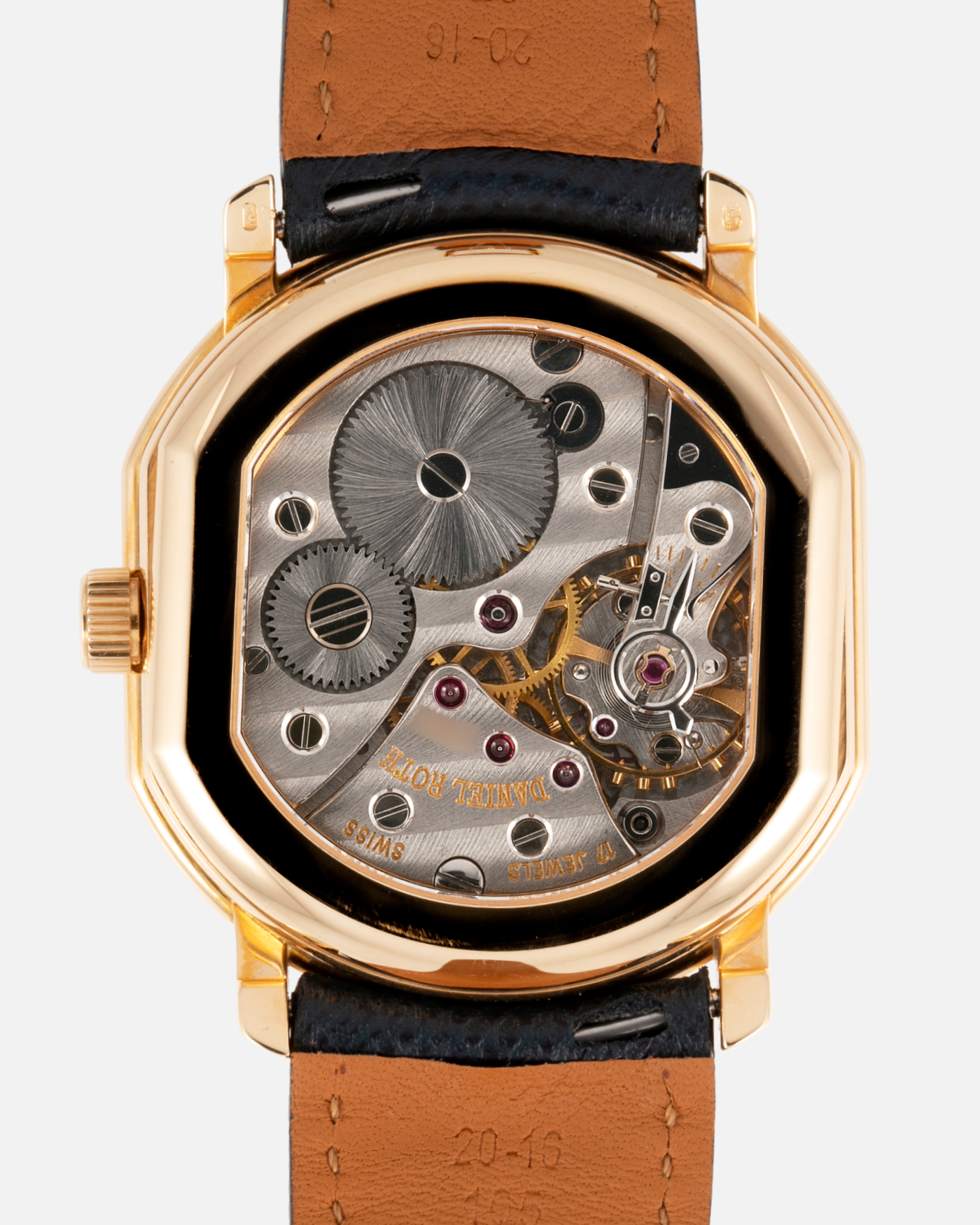 Brand: Daniel Roth Year: 1990’s Model: C127 Material: 18k Yellow Gold Movement: Lemania 27LN with Retrograde Function Case Diameter: 35mm X 38mm Strap: Molequin Navy Blue Textured Calf Strap and 18k Yellow Gold Daniel Roth Tang Buckle