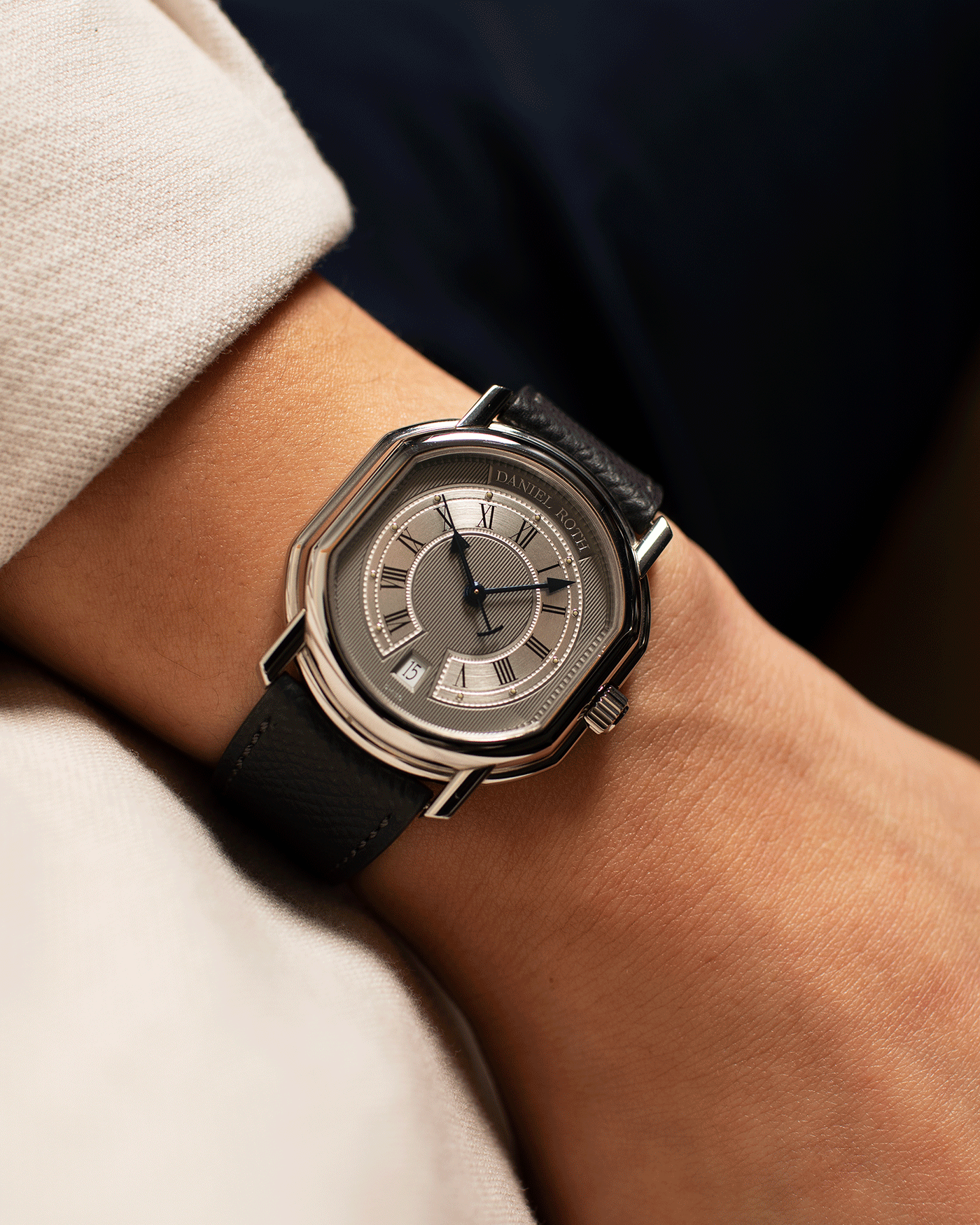 Brand: Daniel Roth Year: 1990’s Model: S177 Material: Stainless Steel Case Diameter: 35mmX38mm Bracelet/Strap: Molequin Anthracite Grained Calf with Generic Stainless Steel Tang Buckle