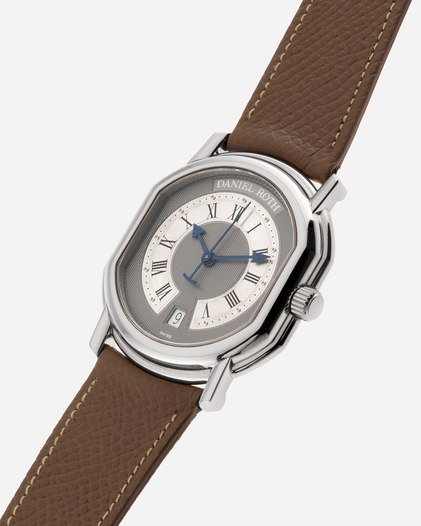Brand: Daniel Roth Year: 1990’s Model: S177 Material: Stainless Steel Case Diameter: 35mmX38mm Bracelet/Strap: Nostime Taupe Grained Calf with Generic Stainless Steel Tang Buckle