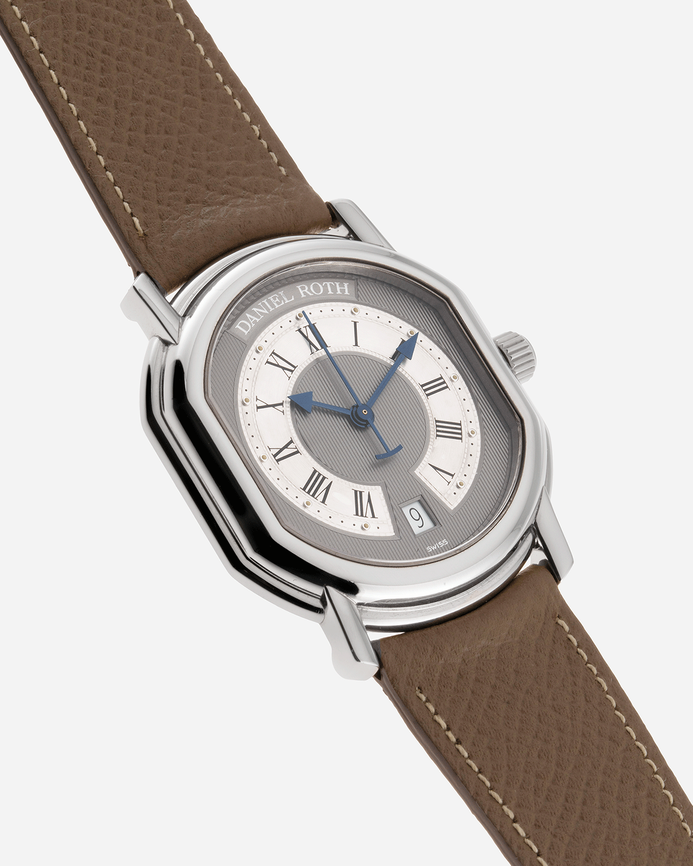Brand: Daniel Roth Year: 1990’s Model: S177 Material: Stainless Steel Case Diameter: 35mmX38mm Bracelet/Strap: Nostime Taupe Grained Calf with Generic Stainless Steel Tang Buckle