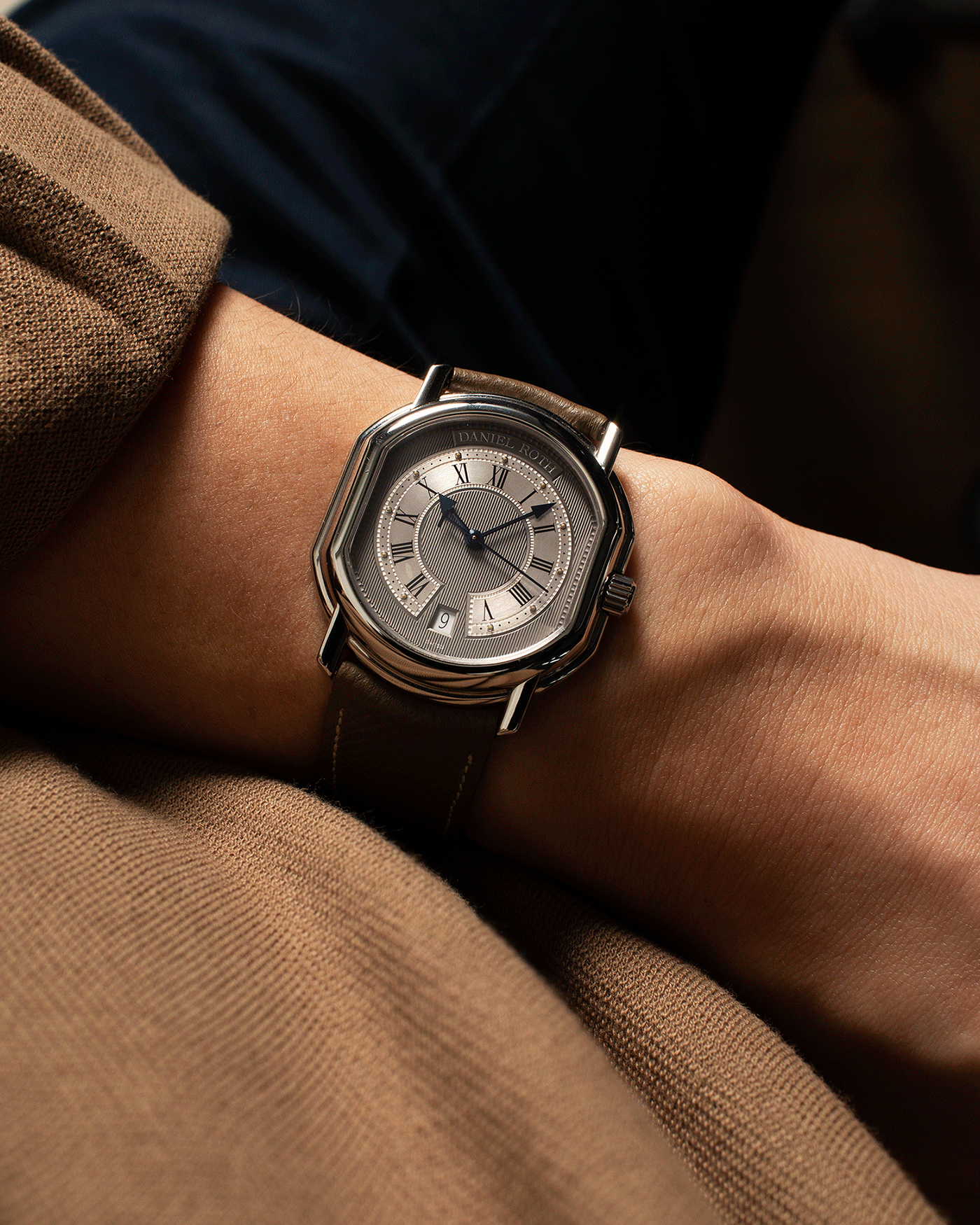 Brand: Daniel Roth Year: 1990’s Model: S177 Material: Stainless Steel Case Diameter: 35mmX38mm Bracelet/Strap: Nostime Taupe Grained Calf with Generic Stainless Steel Tang Buckle
