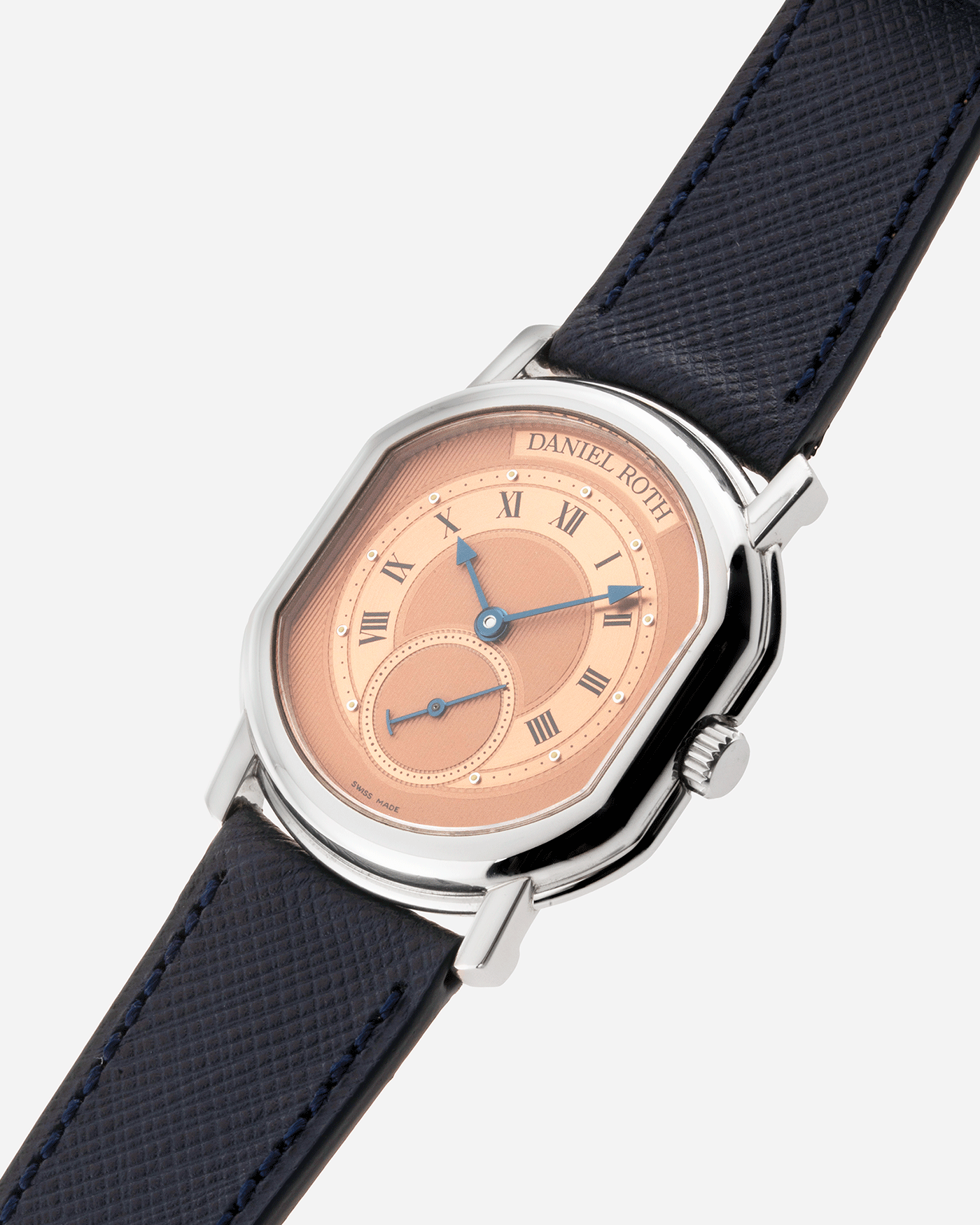 Brand: Daniel Roth Year: 1990’s Model: Small Seconds Material: Stainless Steel Case Diameter: 35mmX38mm Bracelet/Strap: Navy Blue Molequin Textured Calf and Stainless Steel Daniel Roth Tang Buckle