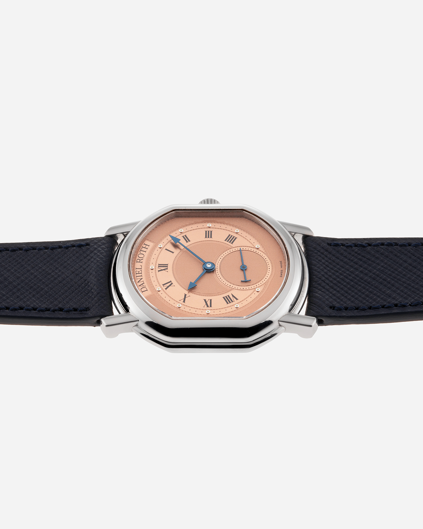 Brand: Daniel Roth Year: 1990’s Model: Small Seconds Material: Stainless Steel Case Diameter: 35mmX38mm Bracelet/Strap: Navy Blue Molequin Textured Calf and Stainless Steel Daniel Roth Tang Buckle