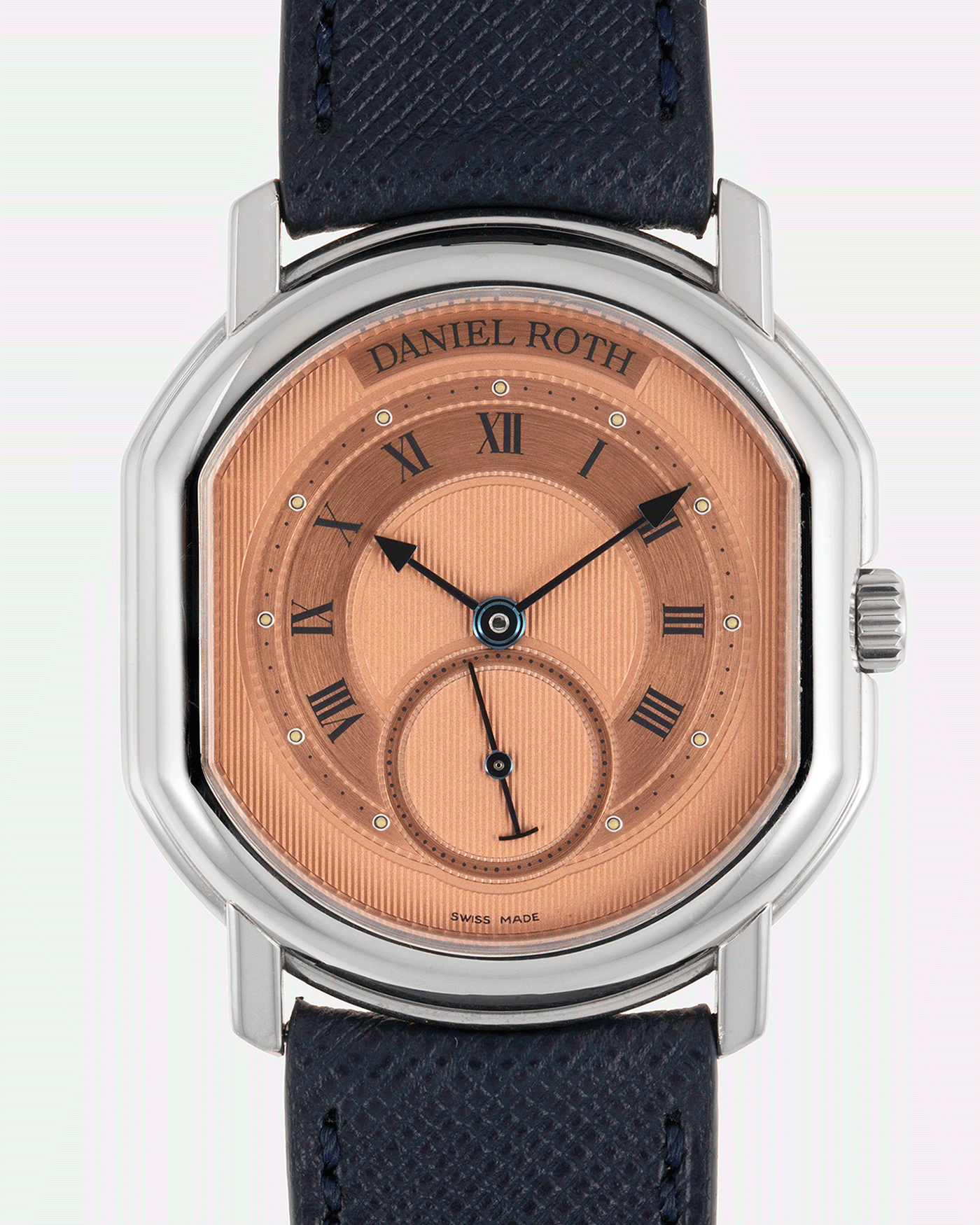 Brand: Daniel Roth Year: 1990’s Model: Small Seconds Material: Stainless Steel Case Diameter: 35mmX38mm Bracelet/Strap: Navy Blue Molequin Textured Calf and Stainless Steel Daniel Roth Tang Buckle