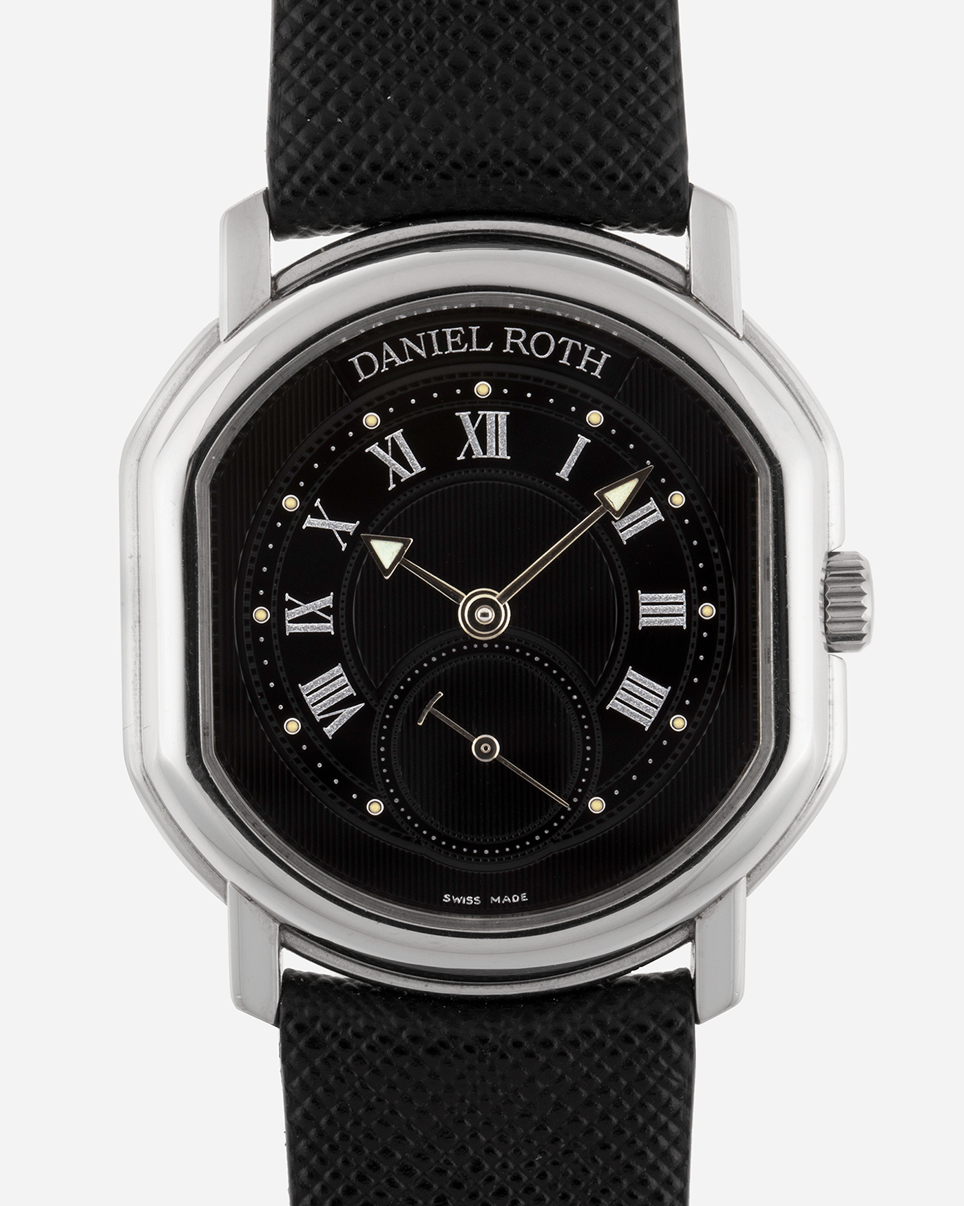 Brand: Daniel Roth Year: 2002 Model: Small Seconds Material: Stainless Steel Case Diameter: 35mmX38mm Bracelet/Strap: JPM X S.SONG Black Saffiano and Stainless Steel Daniel Roth Tang Buckle