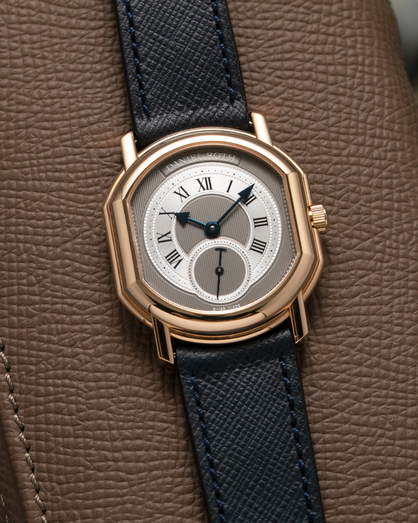 Brand: Daniel Roth Year: 1990’s Model: Seconds at Six Material: 18k Yellow Gold  Movement: Girard Perregaux 3100 Case Diameter: 35mmX32mm Bracelet/Strap: Molequin Navy Calf with 18k Yellow Gold Daniel Roth Tang Buckle
