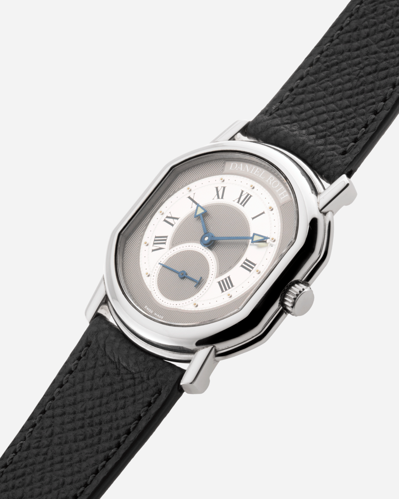 Brand: Daniel Roth Year: 1990’s Model: Seconds at Six Material: Stainless Steel Case Diameter: 35mmX38mm Bracelet/Strap: Molequin Anthracite Calf with Daniel Roth Stainless Steel Tang Buckle