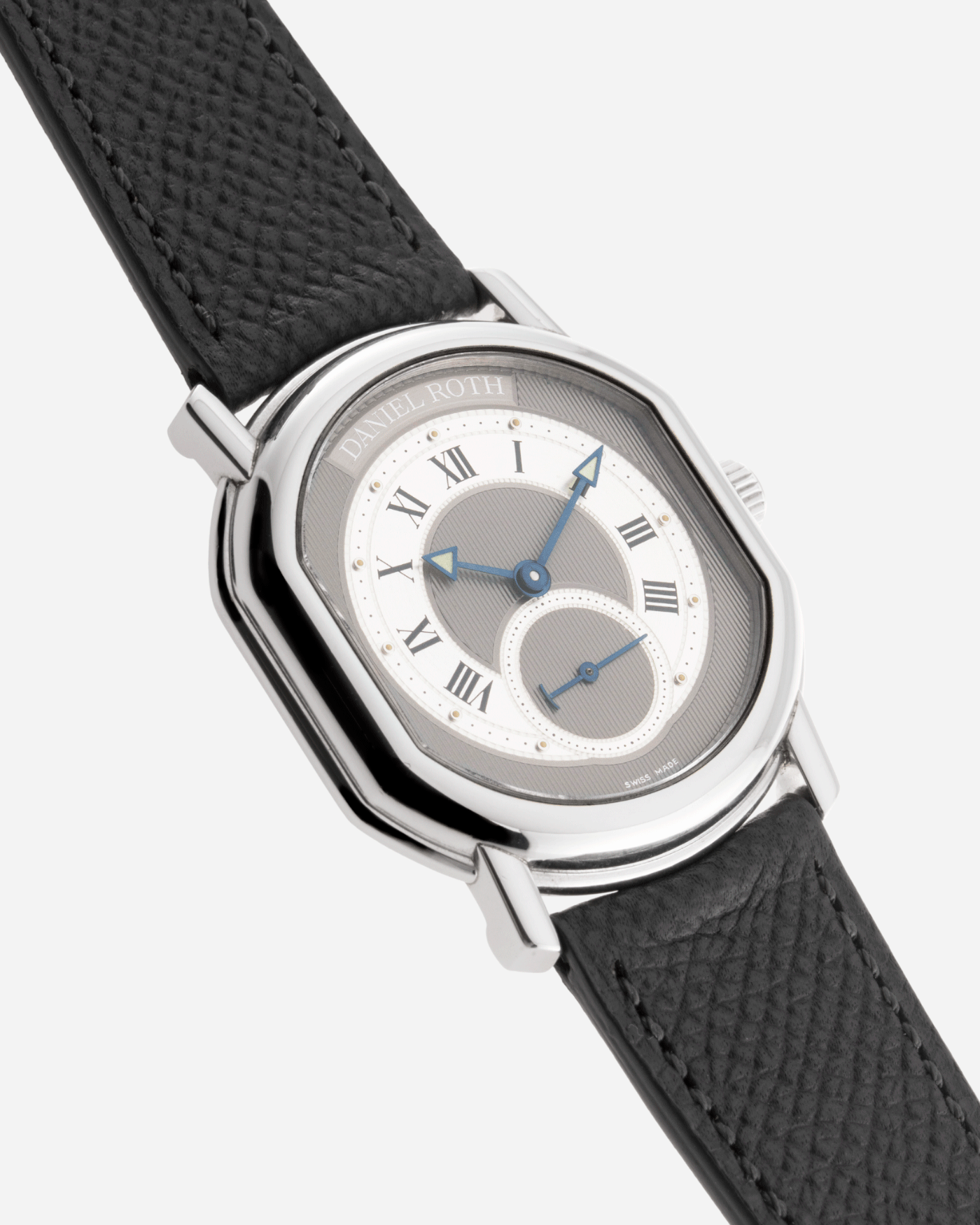 Brand: Daniel Roth Year: 1990’s Model: Seconds at Six Material: Stainless Steel Case Diameter: 35mmX38mm Bracelet/Strap: Molequin Anthracite Calf with Daniel Roth Stainless Steel Tang Buckle
