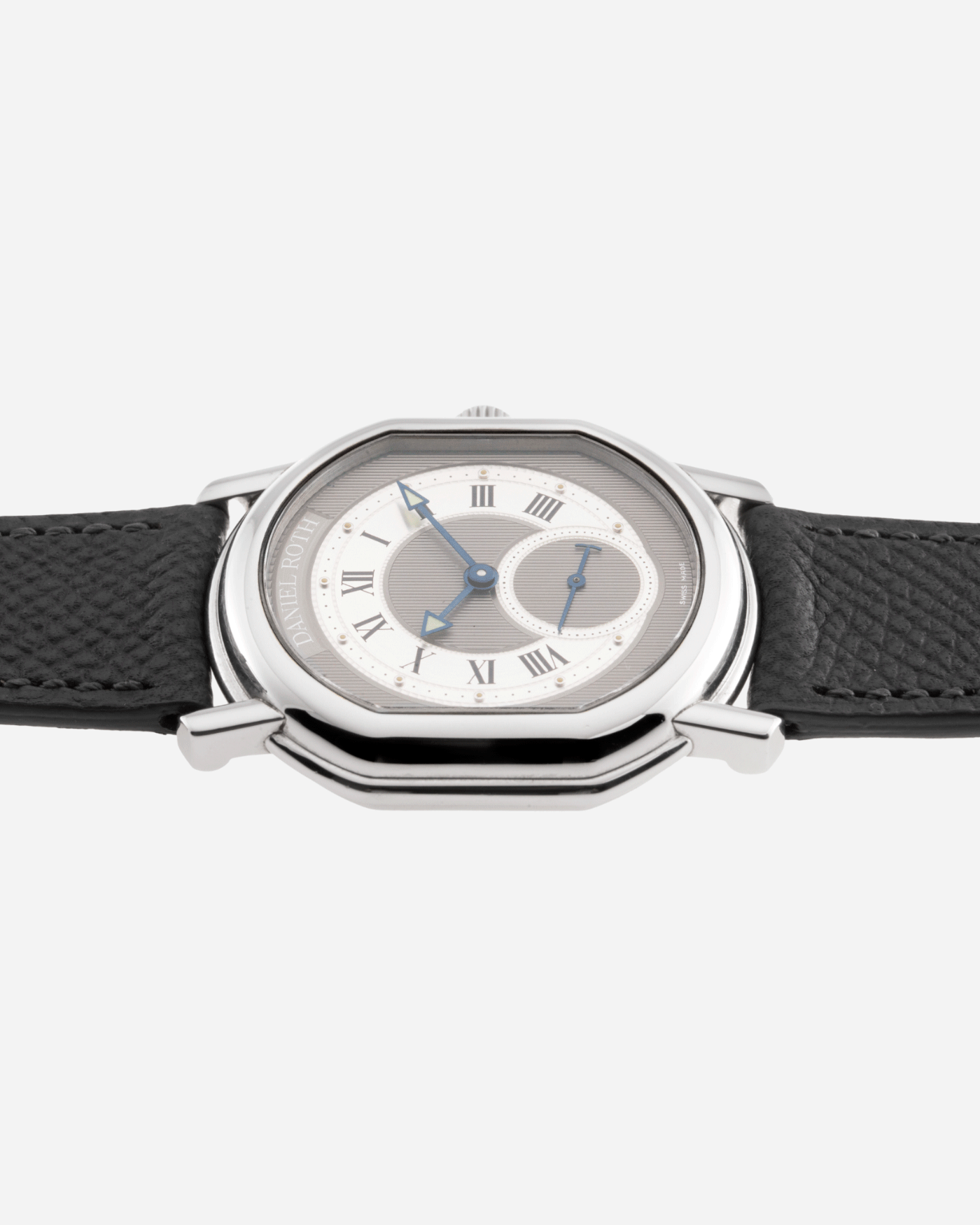 Brand: Daniel Roth Year: 1990’s Model: Seconds at Six Material: Stainless Steel Case Diameter: 35mmX38mm Bracelet/Strap: Molequin Anthracite Calf with Daniel Roth Stainless Steel Tang Buckle