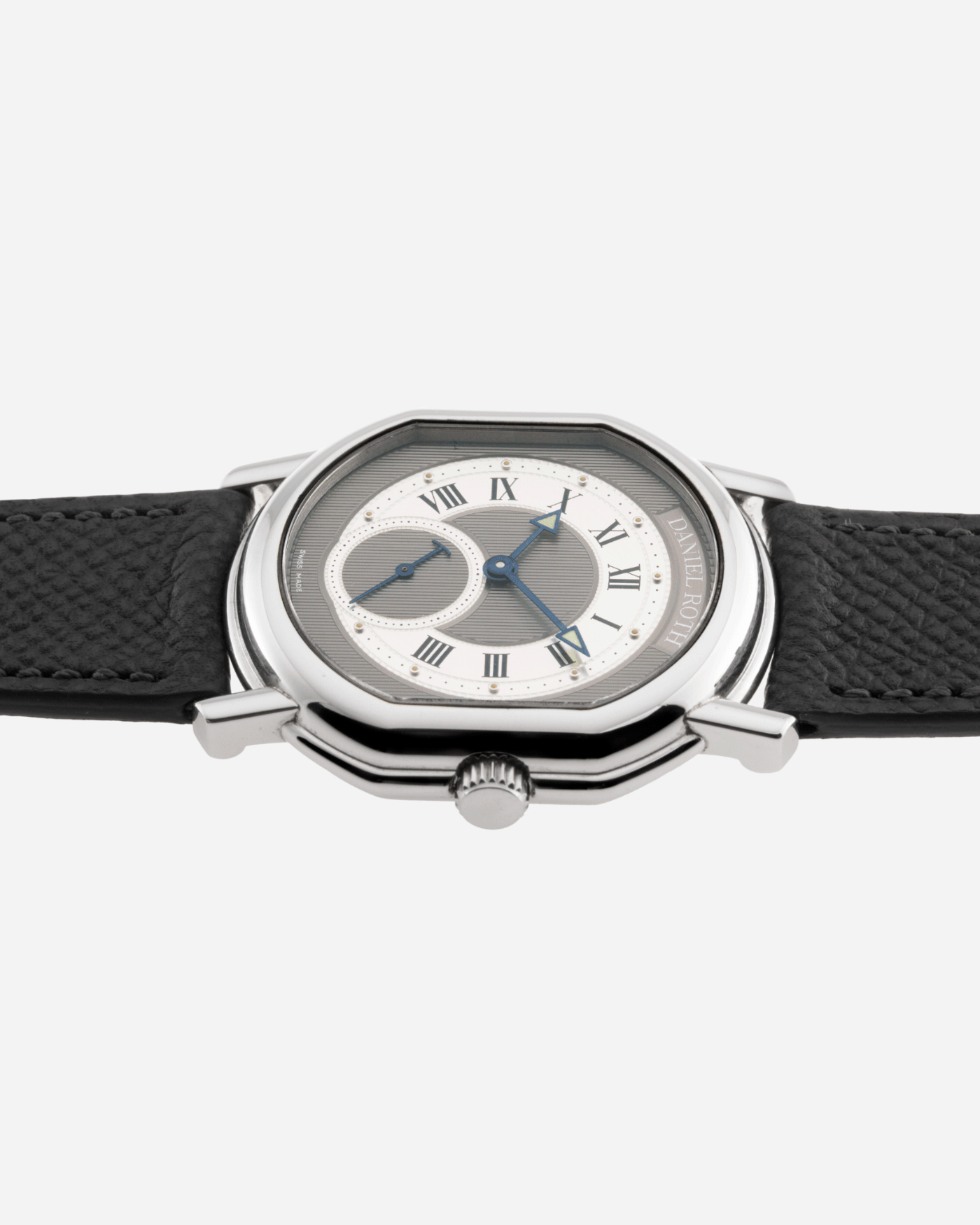 Brand: Daniel Roth Year: 1990’s Model: Seconds at Six Material: Stainless Steel Case Diameter: 35mmX38mm Bracelet/Strap: Molequin Anthracite Calf with Daniel Roth Stainless Steel Tang Buckle