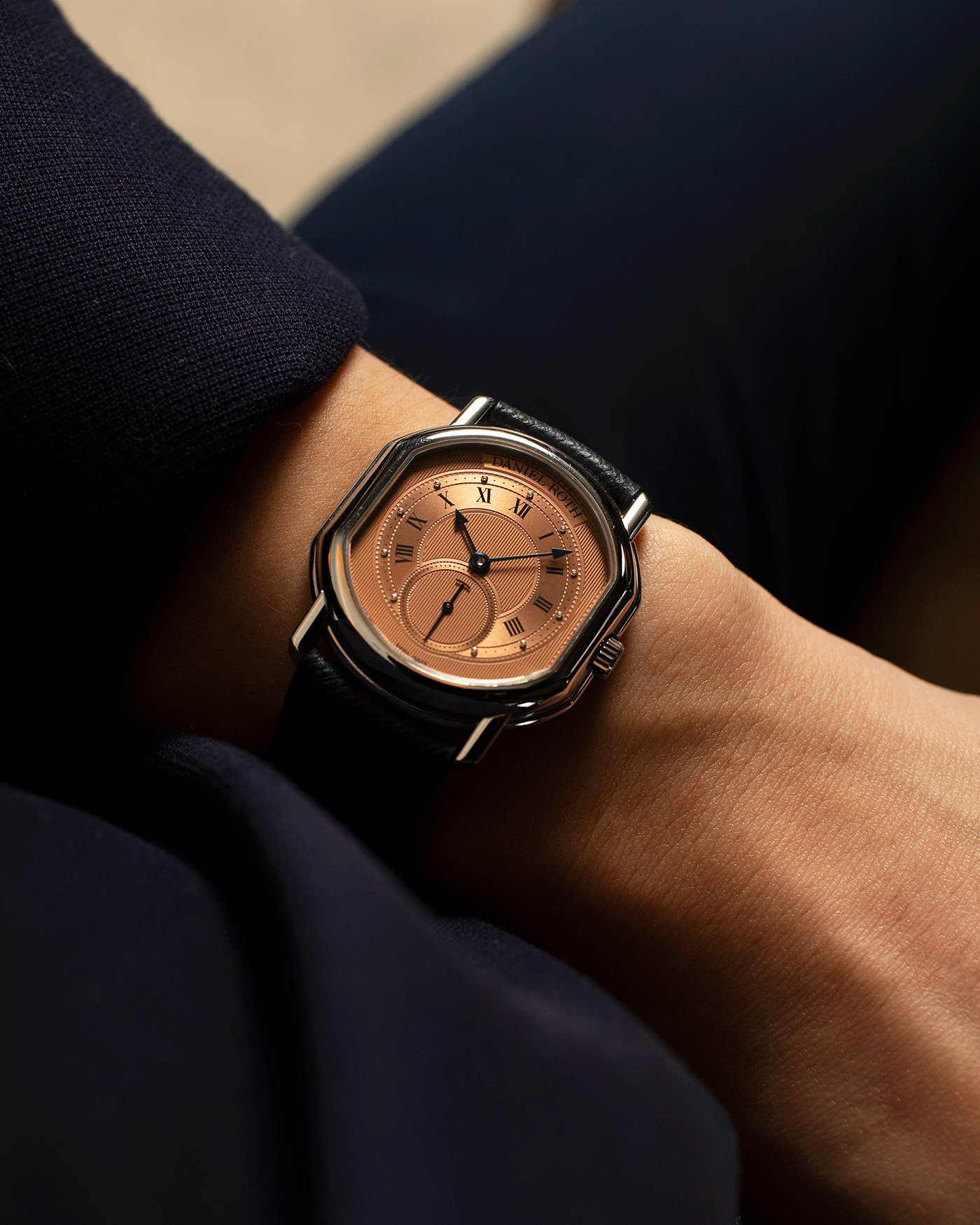Brand: Daniel Roth Year: 1990’s Model: Small Seconds Material: Stainless Steel Case Diameter: 35mmX38mm Bracelet/Strap: Navy Blue Molequin Textured Calf and Stainless Steel Daniel Roth Tang Buckle
