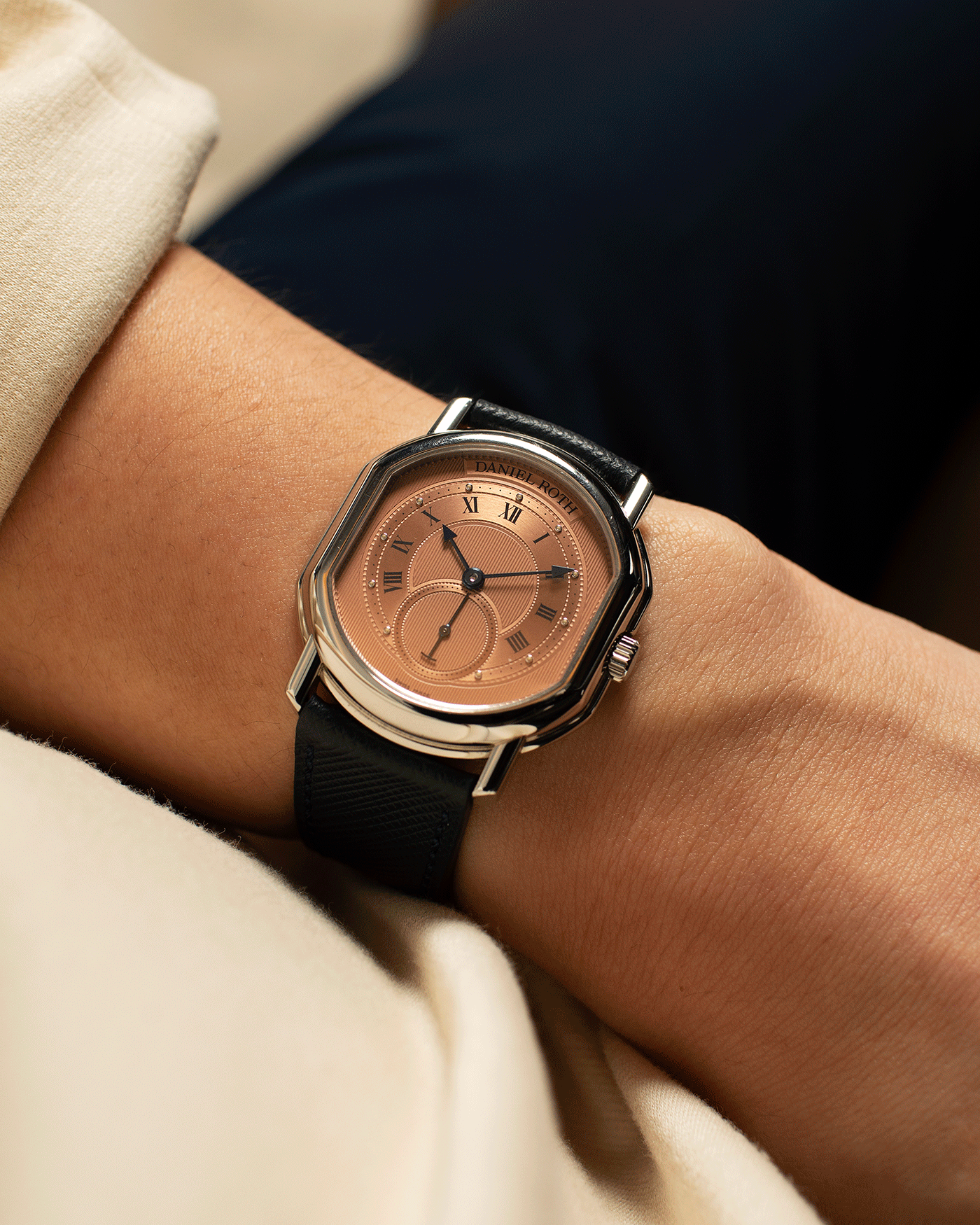 Brand: Daniel Roth Year: 1990’s Model: Small Seconds Material: Stainless Steel Case Diameter: 35mmX38mm Bracelet/Strap: Navy Blue Molequin Textured Calf and Stainless Steel Daniel Roth Tang Buckle