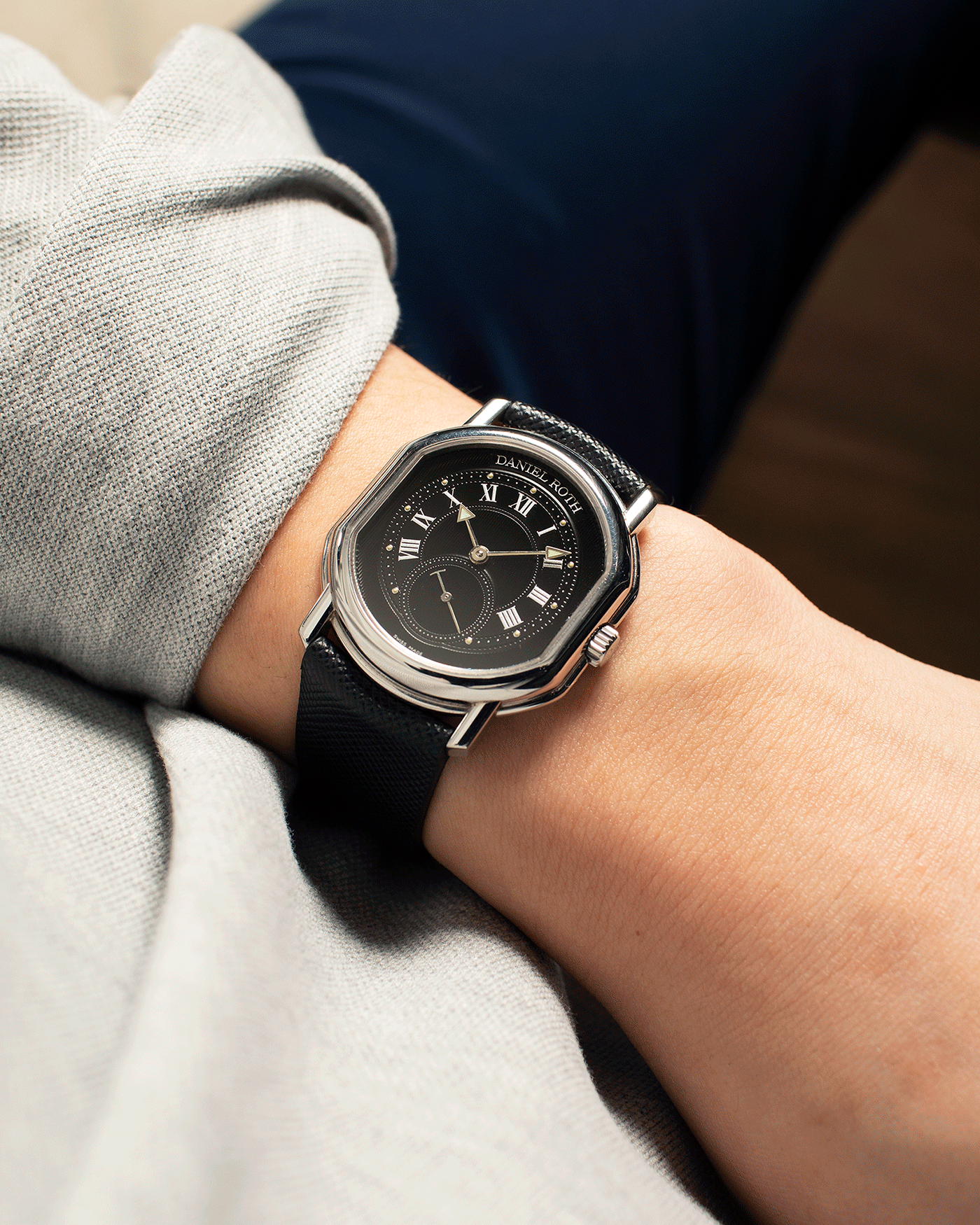 Brand: Daniel Roth Year: 2002 Model: Small Seconds Material: Stainless Steel Case Diameter: 35mmX38mm Bracelet/Strap: JPM X S.SONG Black Saffiano and Stainless Steel Daniel Roth Tang Buckle