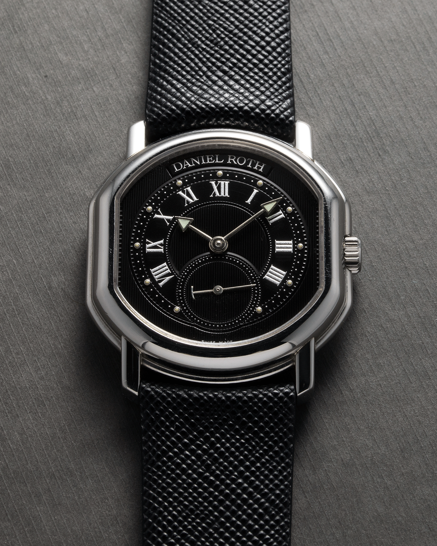 Brand: Daniel Roth Year: 2002 Model: Small Seconds Material: Stainless Steel Case Diameter: 35mmX38mm Bracelet/Strap: JPM X S.SONG Black Saffiano and Stainless Steel Daniel Roth Tang Buckle