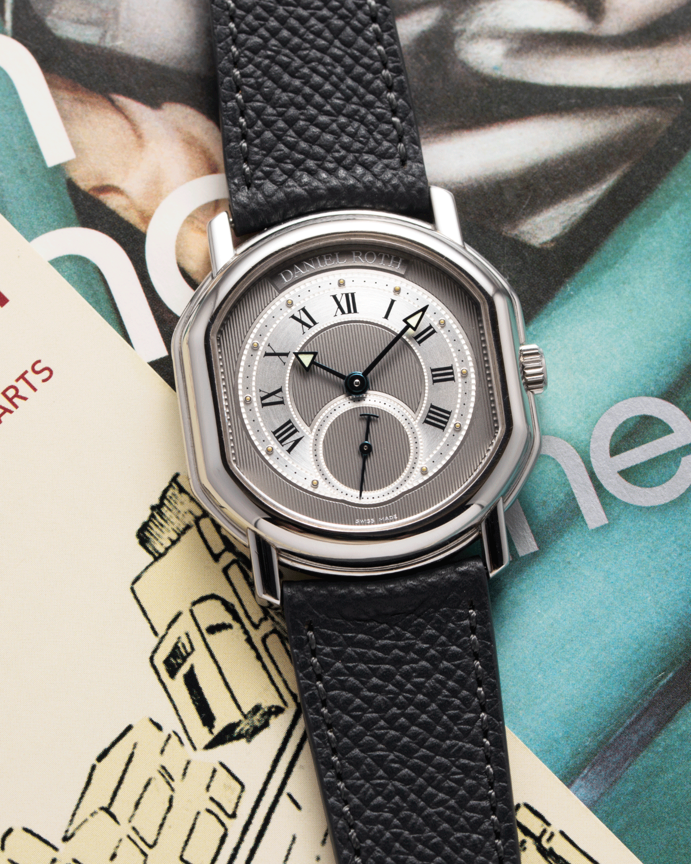 Brand: Daniel Roth Year: 1990’s Model: Seconds at Six Material: Stainless Steel Case Diameter: 35mmX38mm Bracelet/Strap: Molequin Anthracite Calf with Daniel Roth Stainless Steel Tang Buckle