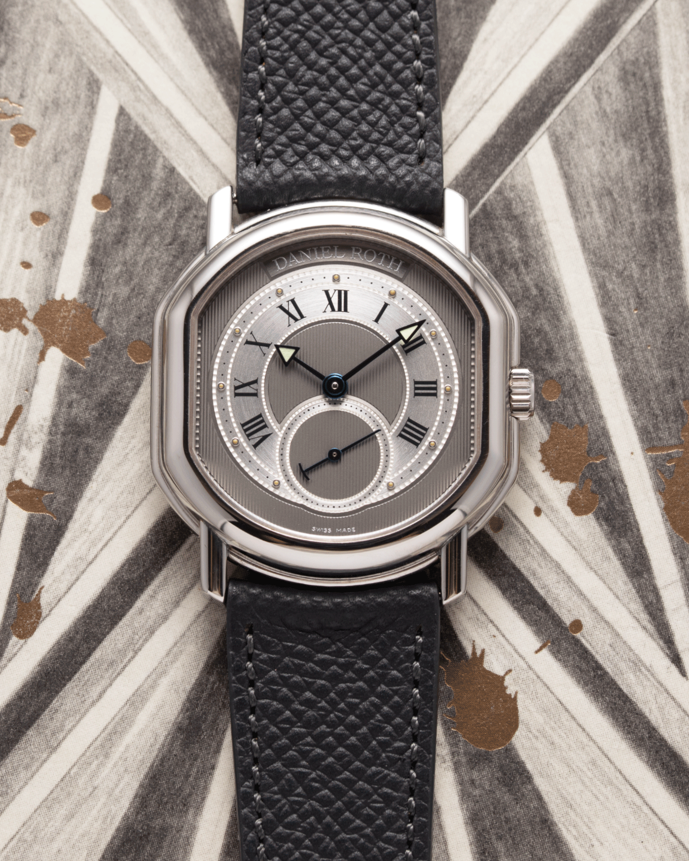 Brand: Daniel Roth Year: 1990’s Model: Seconds at Six Material: Stainless Steel Case Diameter: 35mmX38mm Bracelet/Strap: Molequin Anthracite Calf with Daniel Roth Stainless Steel Tang Buckle
