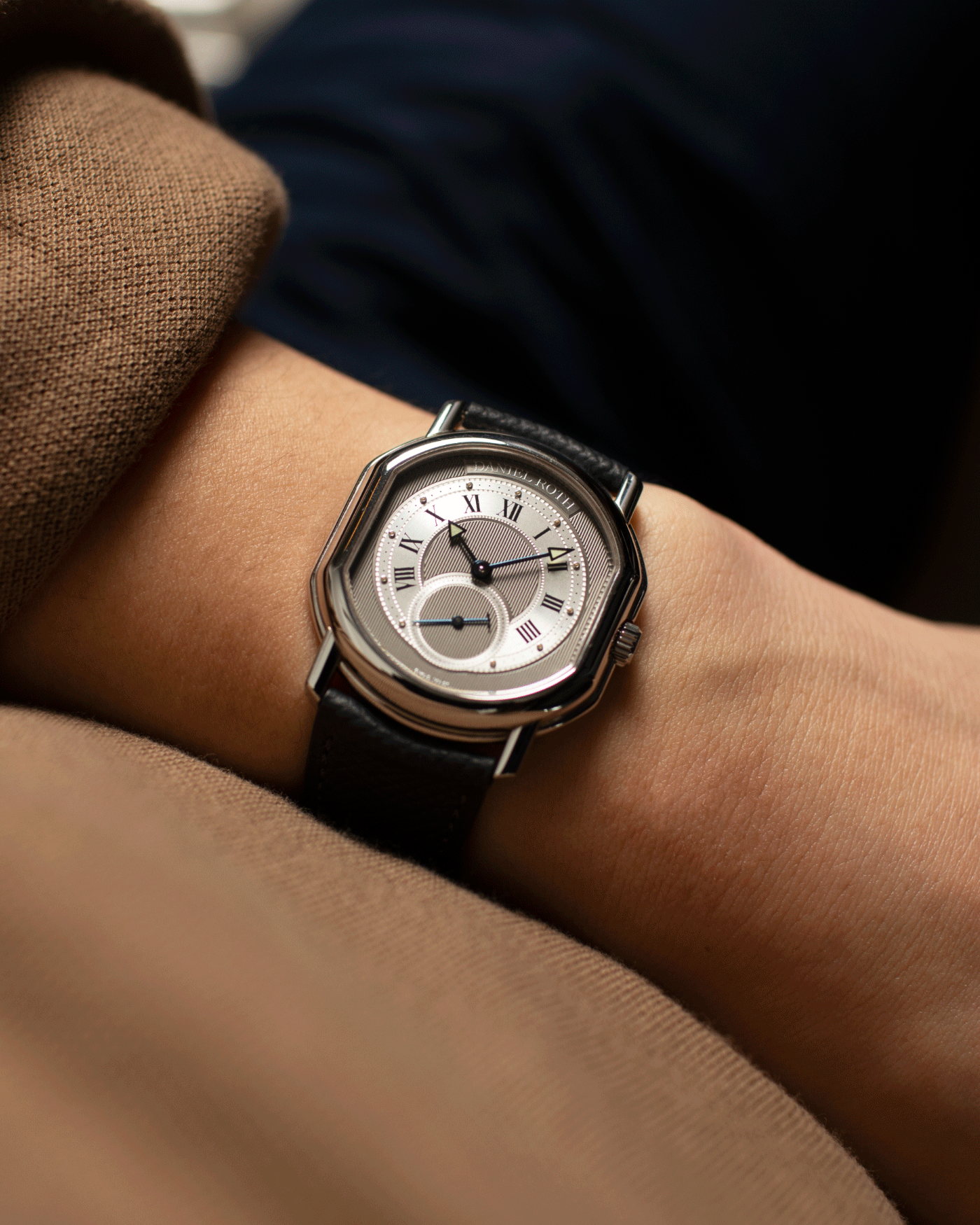 Brand: Daniel Roth Year: 1990’s Model: Seconds at Six Material: Stainless Steel Case Diameter: 35mmX38mm Bracelet/Strap: Molequin Anthracite Calf with Daniel Roth Stainless Steel Tang Buckle