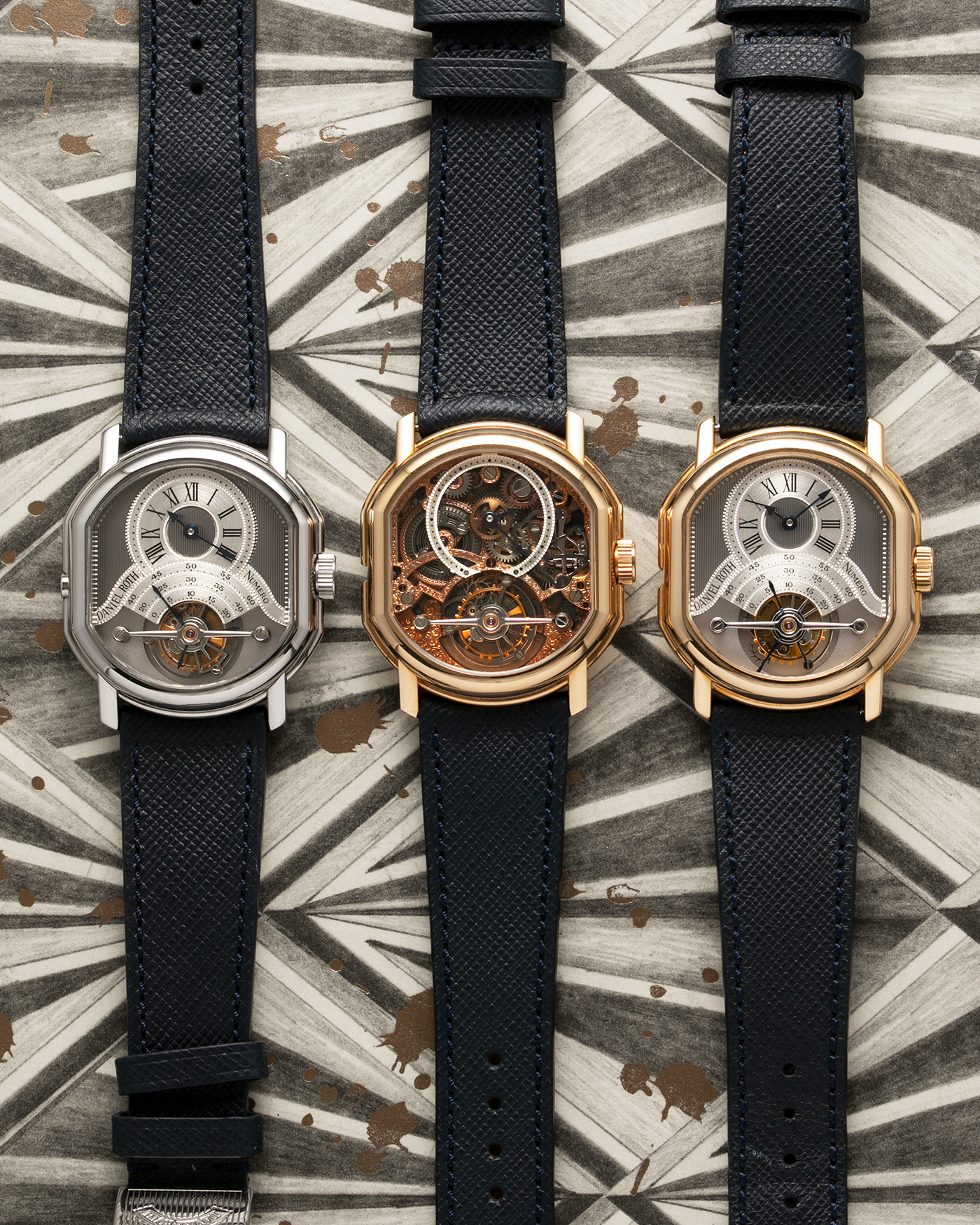 Brand: Daniel Roth Year: 1990’s Model: 2187 Material: 18k Yellow Gold Movement: Cal. DR 307 One-Minute Tourbillon Regulator Case Diameter: 35mm X 38mm Strap: Molequin Navy Blue Textured Calf and18k Yellow Gold Tang Buckle