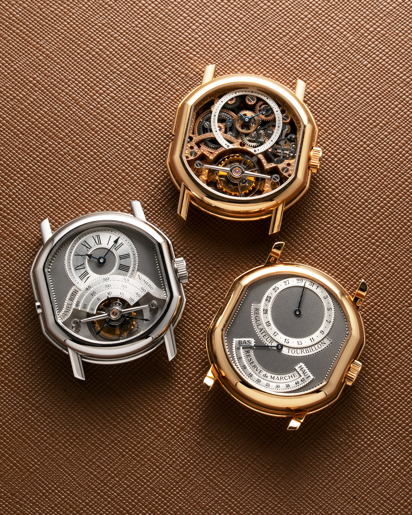 Brand: Daniel Roth Year: 1990’s Model: 2187 Material: Stainless Steel Movement: Cal. DR 307 One-Minute Tourbillon Regulator Case Diameter: 35mm X 38mm Strap: Molequin Navy Blue Textured Calf and Stainless Steel Deployant Clasp