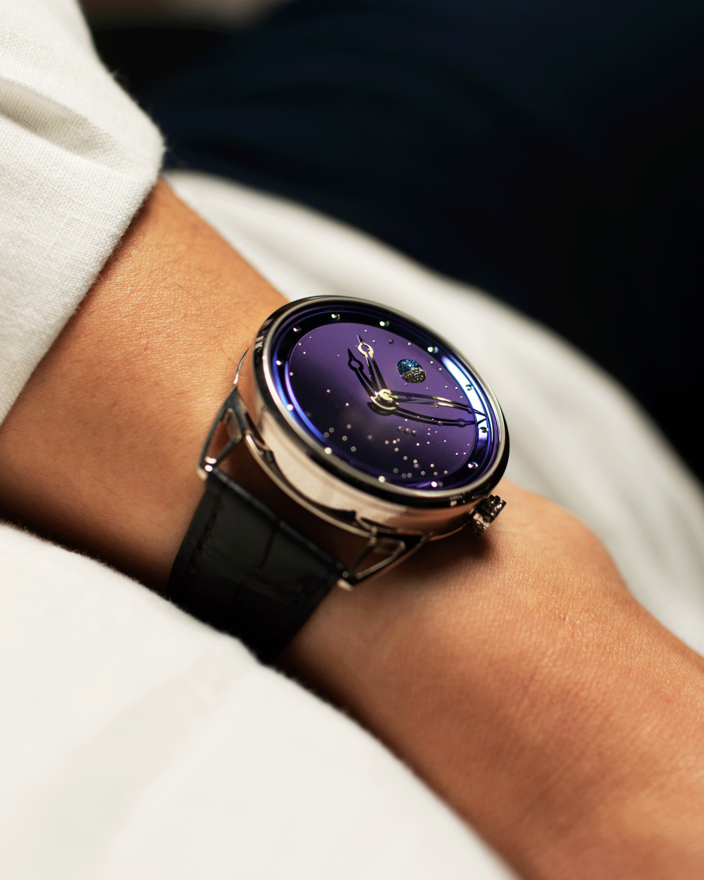 Brand: De Bethune Year: 2021 Model: Starry Sky Moonphase Reference: DB25 Material: Titanium Movement: In-House Cal. DB2106 Case Diameter: 40mm Strap: De Bethune Black Alligator with Titanium Tang Buckle