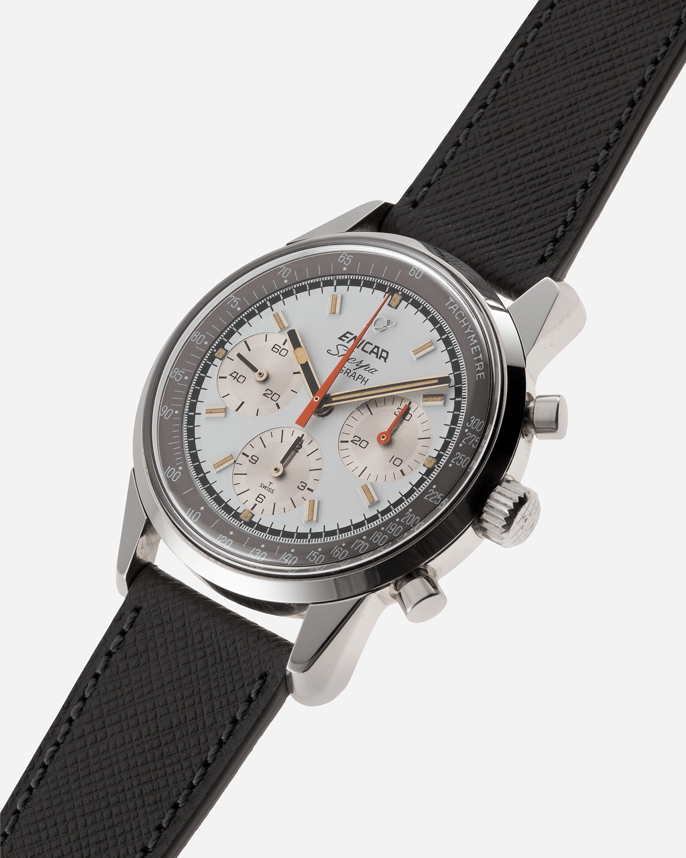 Brand: Enicar Year: 1960s Model: Sherpa Graph Material: Stainless Steel Movement: Valjoux 72 Case Diameter: 40mm Lug Width: 20mm Bracelet/Strap: Grey Molequin Textured Calf Strap