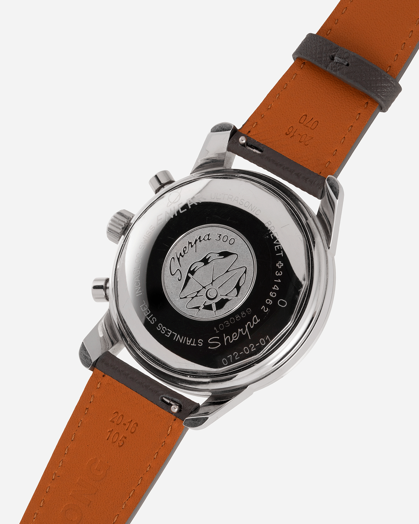 Brand: Enicar Year: 1960s Model: Sherpa Graph Material: Stainless Steel Movement: Valjoux 72 Case Diameter: 40mm Lug Width: 20mm Bracelet/Strap: Grey Molequin Textured Calf Strap