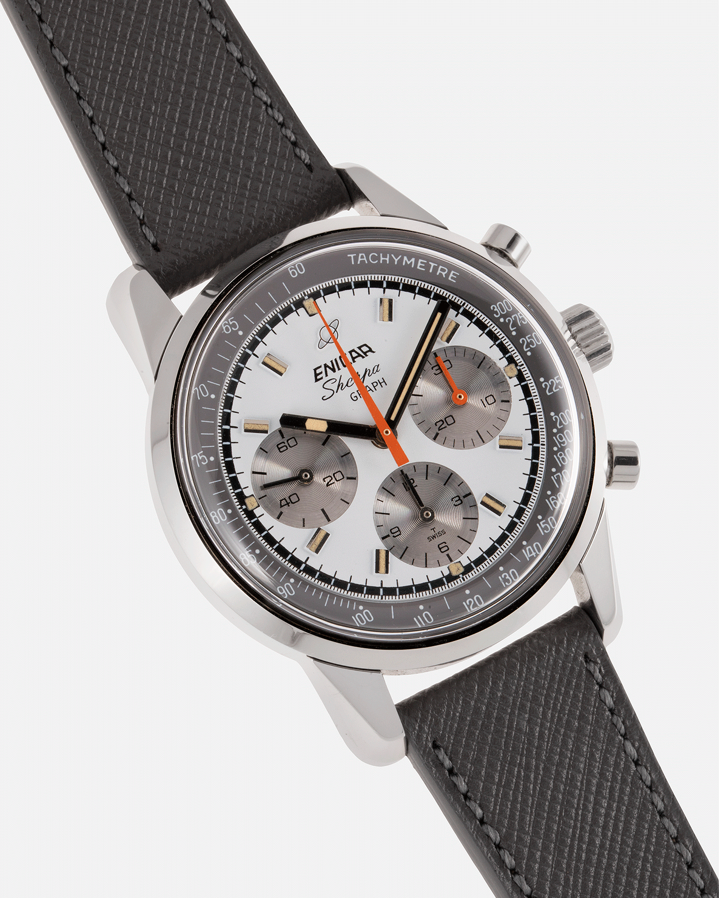 Brand: Enicar Year: 1960s Model: Sherpa Graph Material: Stainless Steel Movement: Valjoux 72 Case Diameter: 40mm Lug Width: 20mm Bracelet/Strap: Grey Molequin Textured Calf Strap