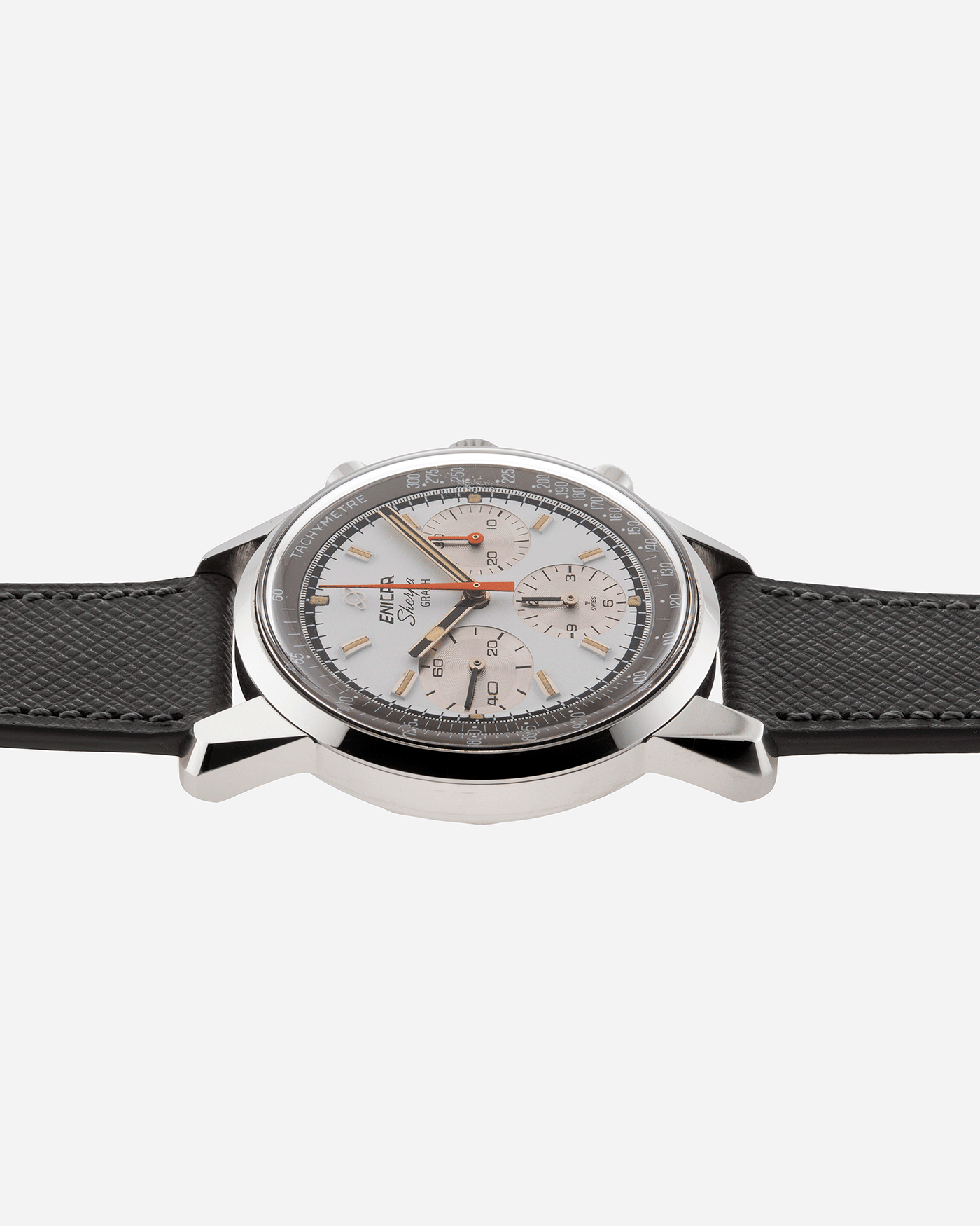 Brand: Enicar Year: 1960s Model: Sherpa Graph Material: Stainless Steel Movement: Valjoux 72 Case Diameter: 40mm Lug Width: 20mm Bracelet/Strap: Grey Molequin Textured Calf Strap