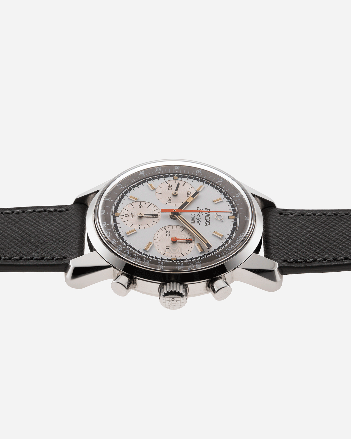 Brand: Enicar Year: 1960s Model: Sherpa Graph Material: Stainless Steel Movement: Valjoux 72 Case Diameter: 40mm Lug Width: 20mm Bracelet/Strap: Grey Molequin Textured Calf Strap