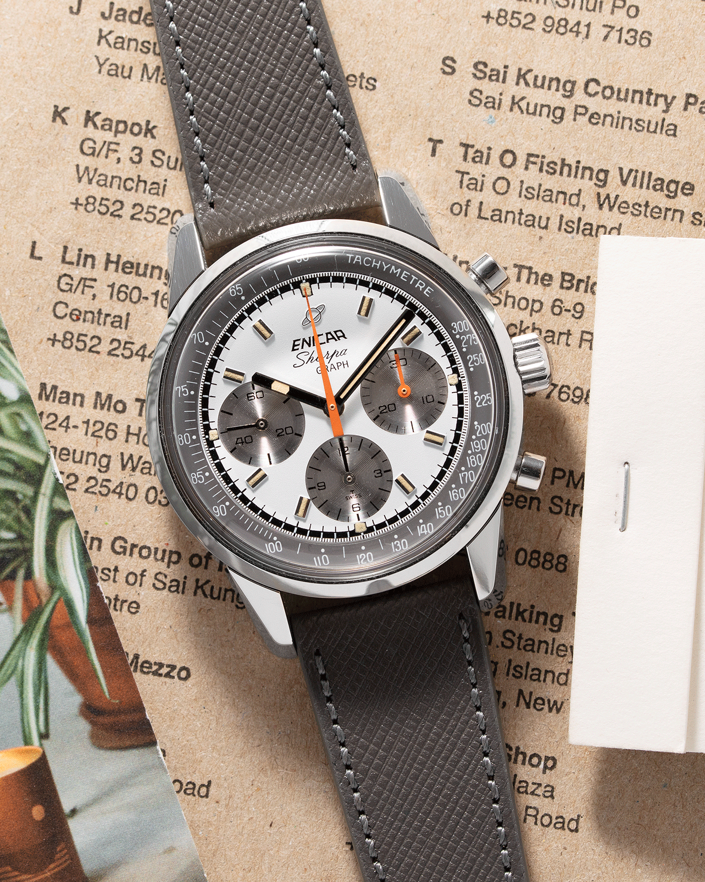 Brand: Enicar Year: 1960s Model: Sherpa Graph Material: Stainless Steel Movement: Valjoux 72 Case Diameter: 40mm Lug Width: 20mm Bracelet/Strap: Grey Molequin Textured Calf Strap