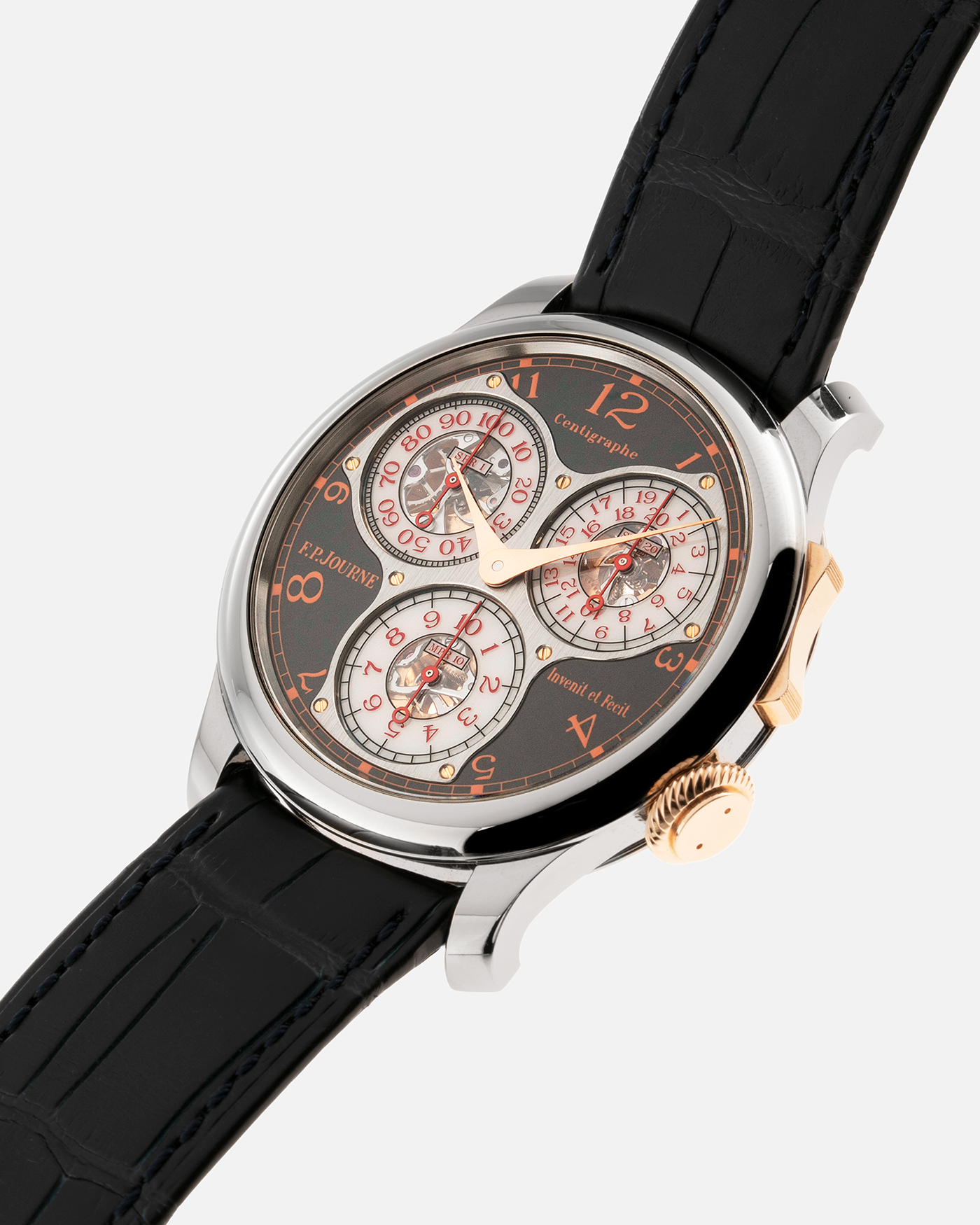 Brand: F.P. Journe Year: 2016 Model: Centigraphe Souverain Anniversaire Material: Titanium and 18k Rose Gold Movement: in-house FP Journe Caliber 1506 Case Diameter: 40mm Bracelet/Strap: F.P. Journe Dark Blue Alligator Strap with Rose Gold Deployant Clasp