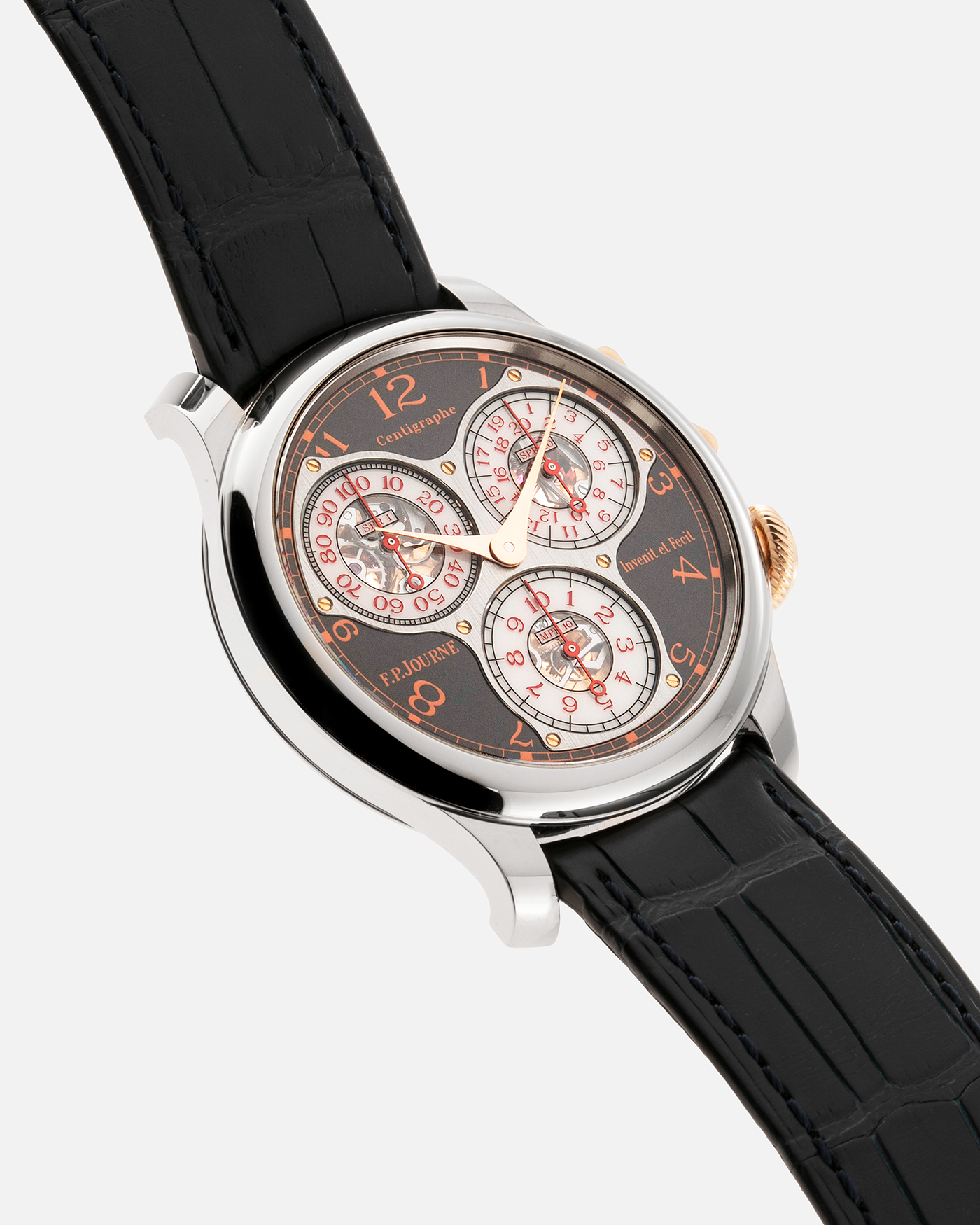 Brand: F.P. Journe Year: 2016 Model: Centigraphe Souverain Anniversaire Material: Titanium and 18k Rose Gold Movement: in-house FP Journe Caliber 1506 Case Diameter: 40mm Bracelet/Strap: F.P. Journe Dark Blue Alligator Strap with Rose Gold Deployant Clasp