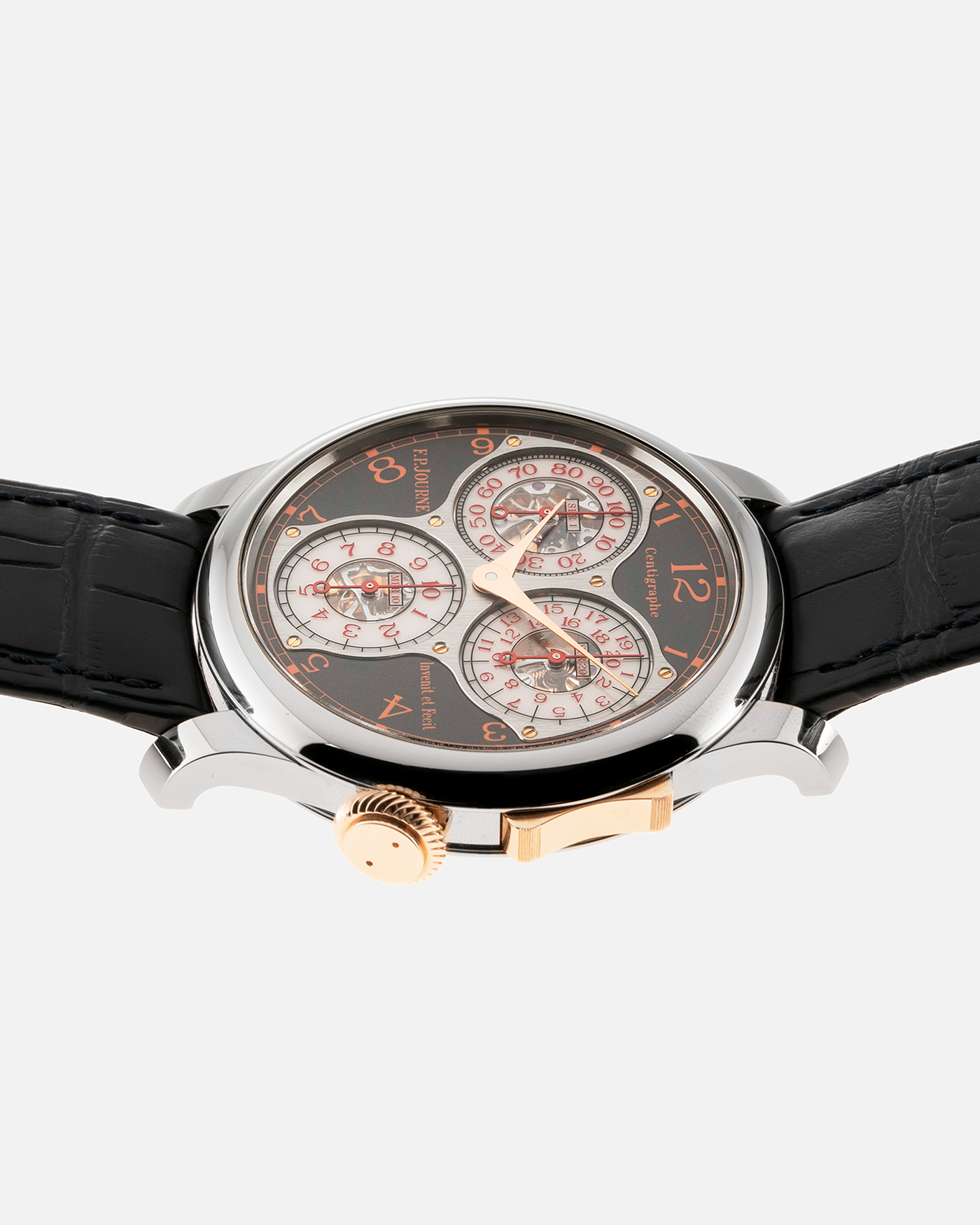 Brand: F.P. Journe Year: 2016 Model: Centigraphe Souverain Anniversaire Material: Titanium and 18k Rose Gold Movement: in-house FP Journe Caliber 1506 Case Diameter: 40mm Bracelet/Strap: F.P. Journe Dark Blue Alligator Strap with Rose Gold Deployant Clasp