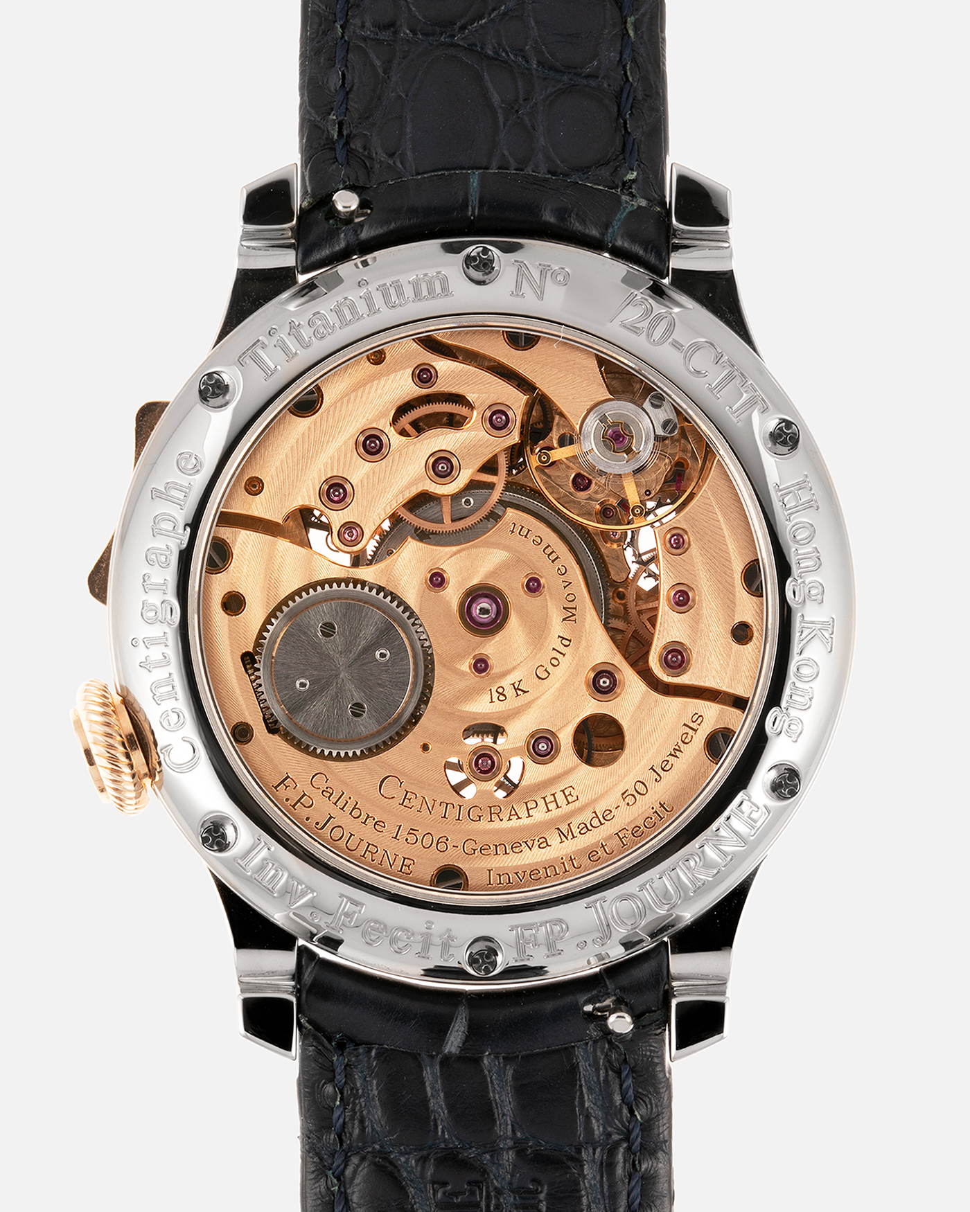 Brand: F.P. Journe Year: 2016 Model: Centigraphe Souverain Anniversaire Material: Titanium and 18k Rose Gold Movement: in-house FP Journe Caliber 1506 Case Diameter: 40mm Bracelet/Strap: F.P. Journe Dark Blue Alligator Strap with Rose Gold Deployant Clasp