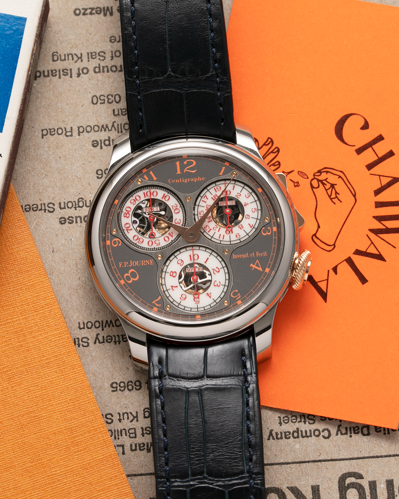 Brand: F.P. Journe Year: 2016 Model: Centigraphe Souverain Anniversaire Material: Titanium and 18k Rose Gold Movement: in-house FP Journe Caliber 1506 Case Diameter: 40mm Bracelet/Strap: F.P. Journe Dark Blue Alligator Strap with Rose Gold Deployant Clasp