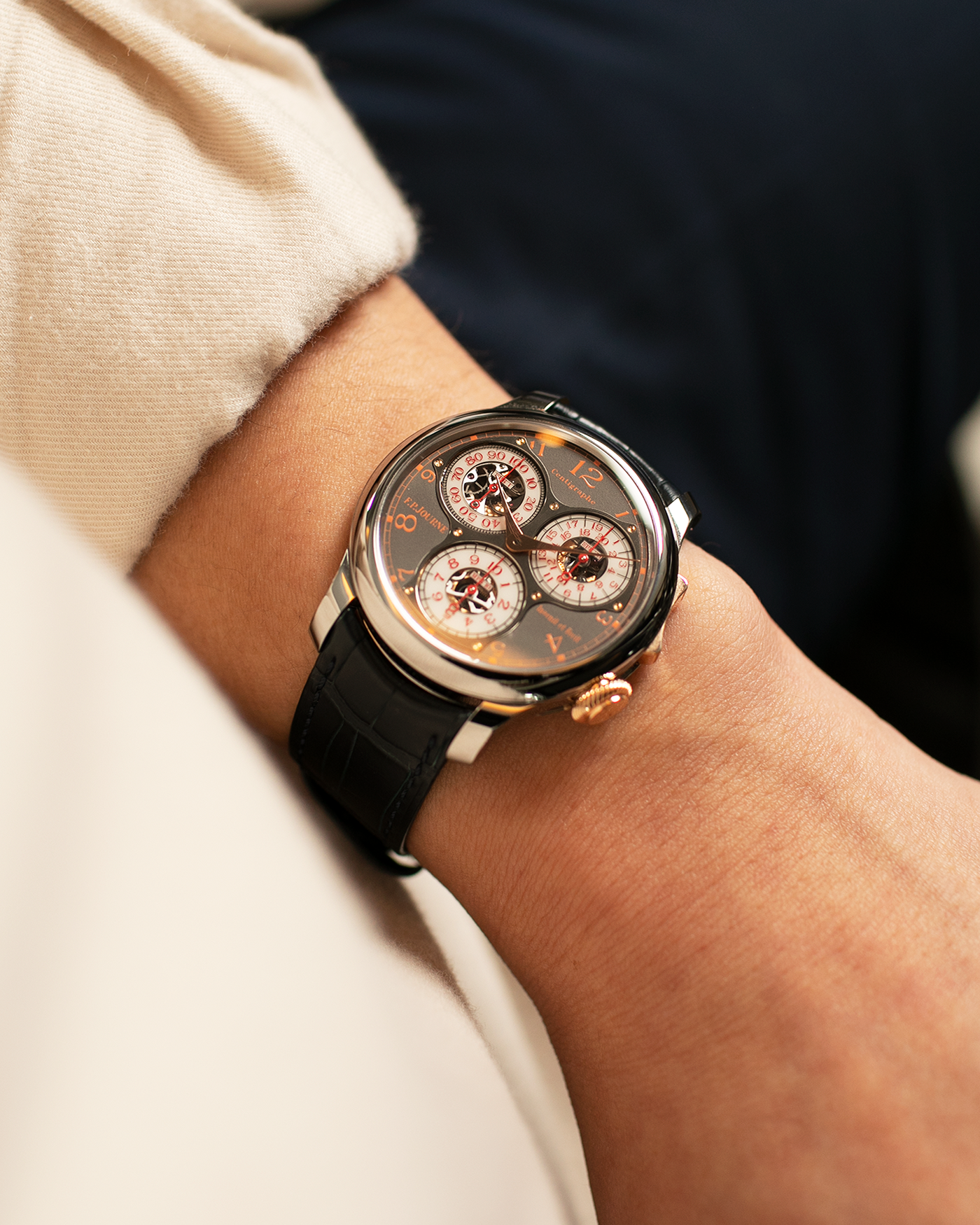 Brand: F.P. Journe Year: 2016 Model: Centigraphe Souverain Anniversaire Material: Titanium and 18k Rose Gold Movement: in-house FP Journe Caliber 1506 Case Diameter: 40mm Bracelet/Strap: F.P. Journe Dark Blue Alligator Strap with Rose Gold Deployant Clasp