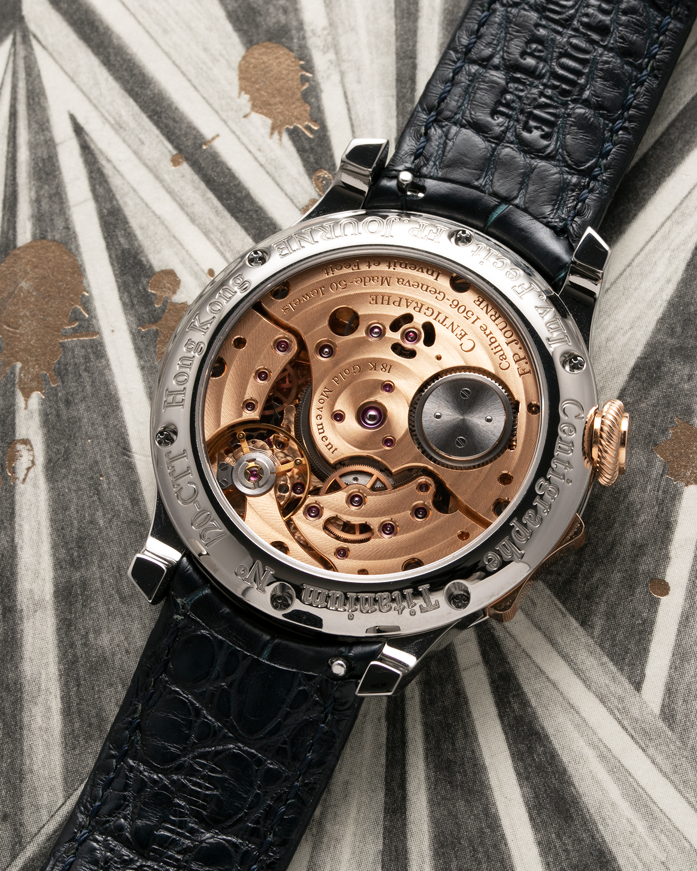 Brand: F.P. Journe Year: 2016 Model: Centigraphe Souverain Anniversaire Material: Titanium and 18k Rose Gold Movement: in-house FP Journe Caliber 1506 Case Diameter: 40mm Bracelet/Strap: F.P. Journe Dark Blue Alligator Strap with Rose Gold Deployant Clasp