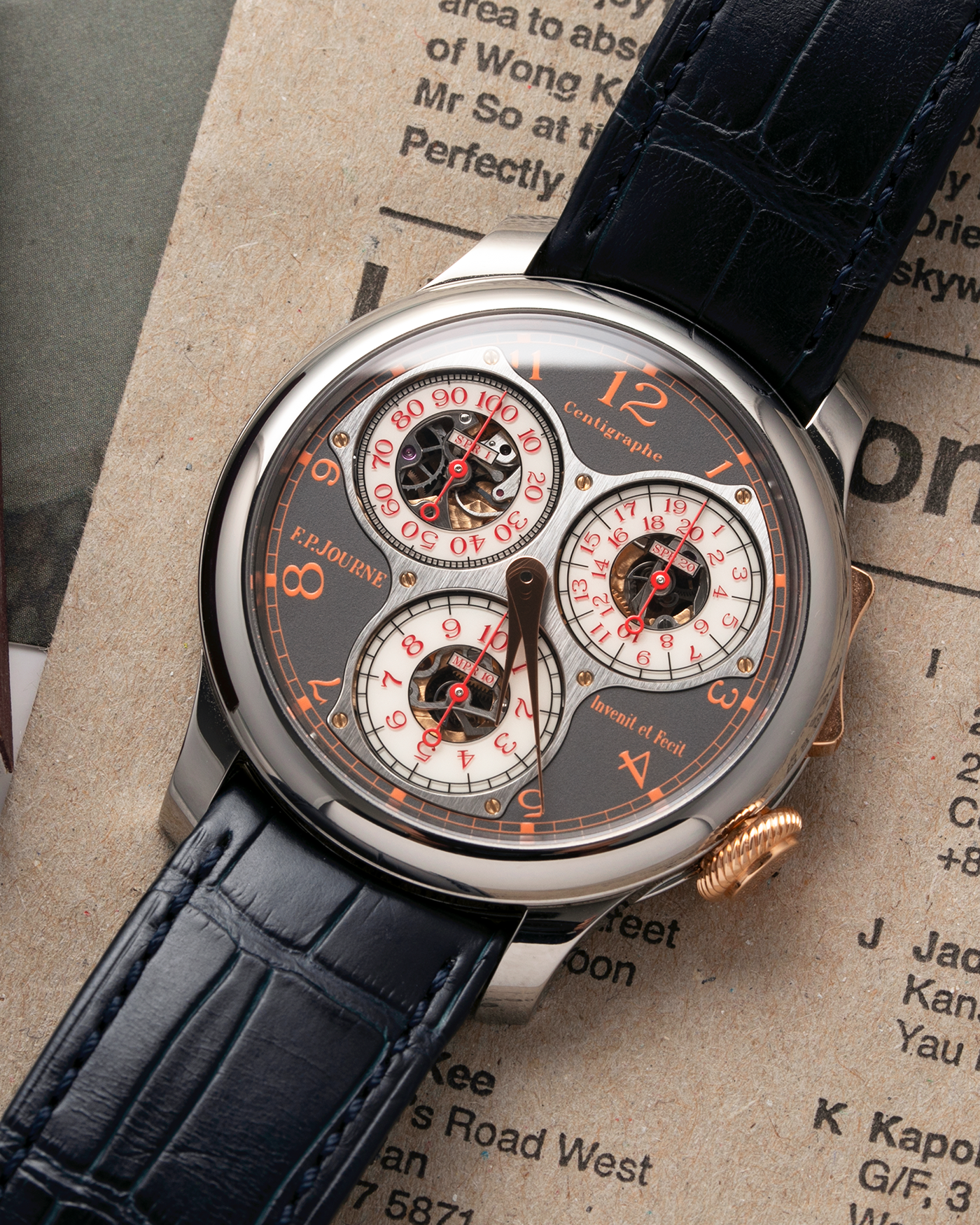 Brand: F.P. Journe Year: 2016 Model: Centigraphe Souverain Anniversaire Material: Titanium and 18k Rose Gold Movement: in-house FP Journe Caliber 1506 Case Diameter: 40mm Bracelet/Strap: F.P. Journe Dark Blue Alligator Strap with Rose Gold Deployant Clasp