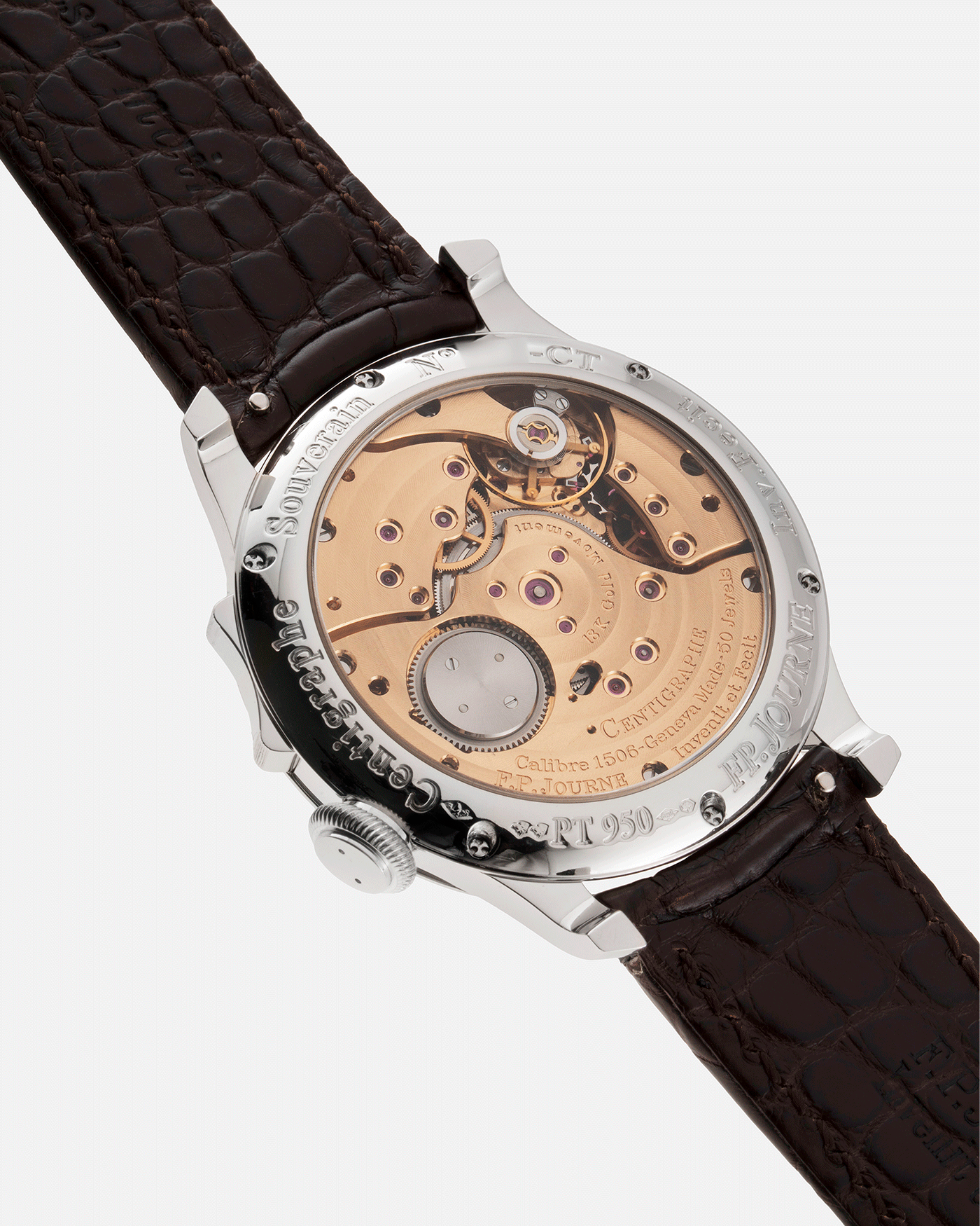 Brand: F.P. Journe Year: 2017 Model: Centigraphe Souverain Material: Platinum Movement: in-house FP Journe Caliber 1506 Case Diameter: 40mm Bracelet/Strap: F.P. Journe Dark Brown Alligator Strap with Platinum Signed Tang Buckle