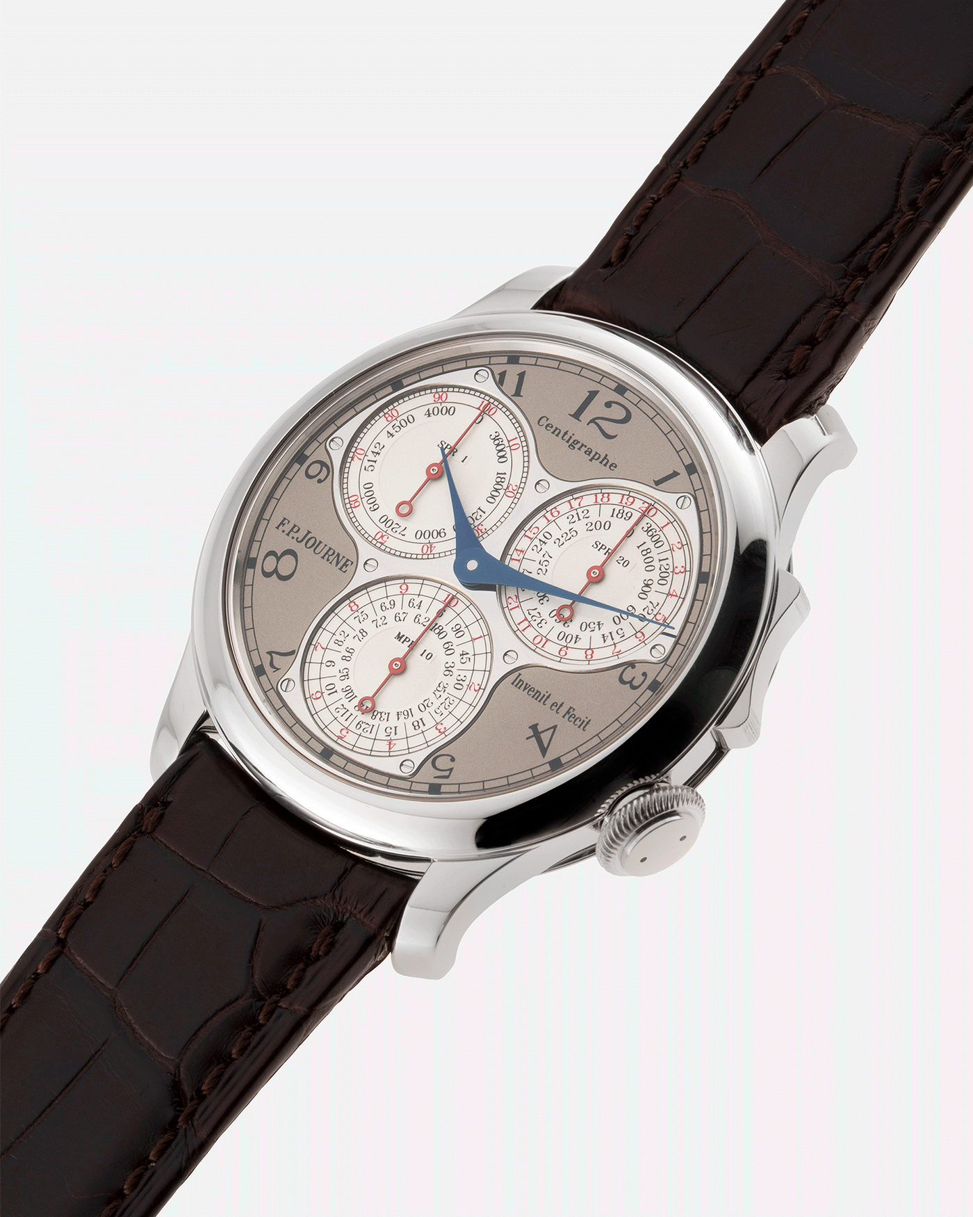 Brand: F.P. Journe Year: 2017 Model: Centigraphe Souverain Material: Platinum Movement: in-house FP Journe Caliber 1506 Case Diameter: 40mm Bracelet/Strap: F.P. Journe Dark Brown Alligator Strap with Platinum Signed Tang Buckle