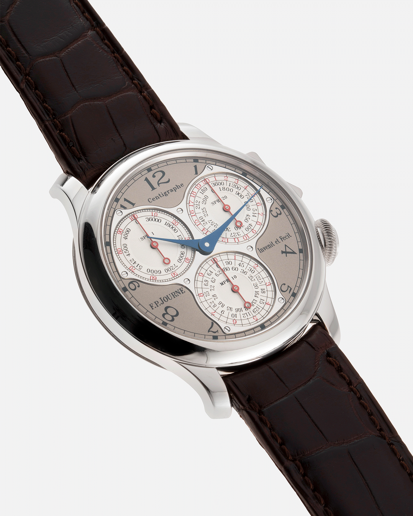Brand: F.P. Journe Year: 2017 Model: Centigraphe Souverain Material: Platinum Movement: in-house FP Journe Caliber 1506 Case Diameter: 40mm Bracelet/Strap: F.P. Journe Dark Brown Alligator Strap with Platinum Signed Tang Buckle