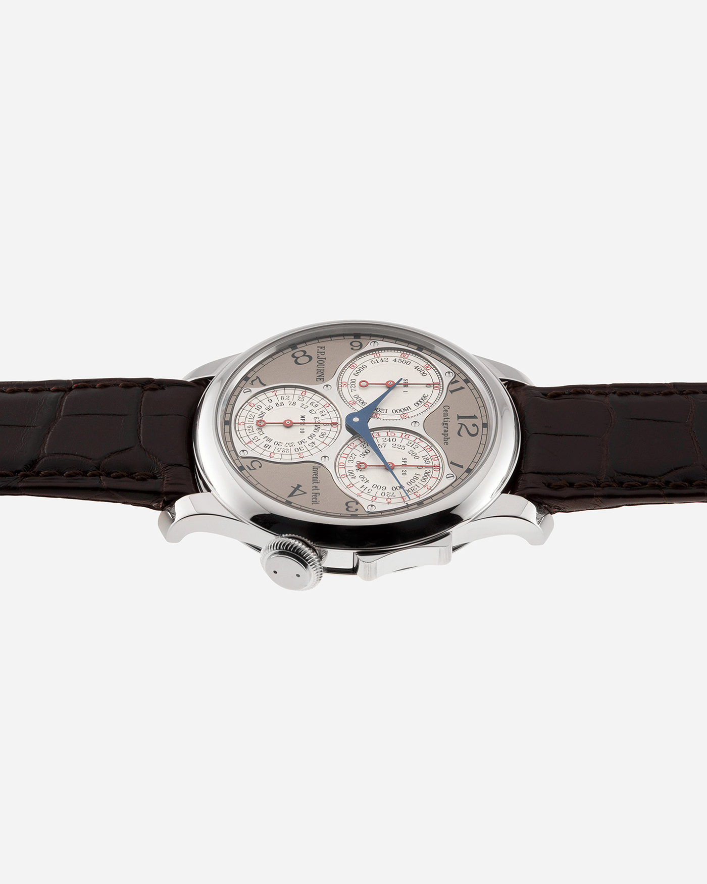 Brand: F.P. Journe Year: 2017 Model: Centigraphe Souverain Material: Platinum Movement: in-house FP Journe Caliber 1506 Case Diameter: 40mm Bracelet/Strap: F.P. Journe Dark Brown Alligator Strap with Platinum Signed Tang Buckle